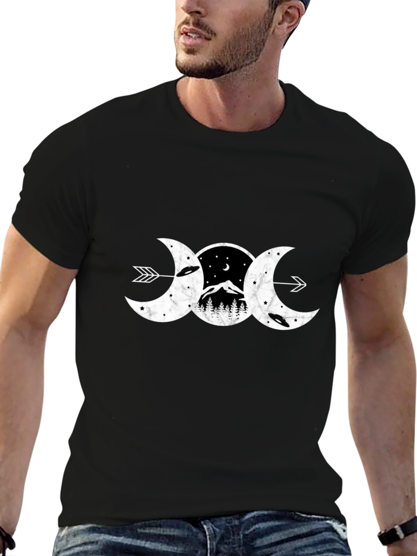 Black Triple Moon Goddess T-Shirt - Celestial Arrow Design view 6