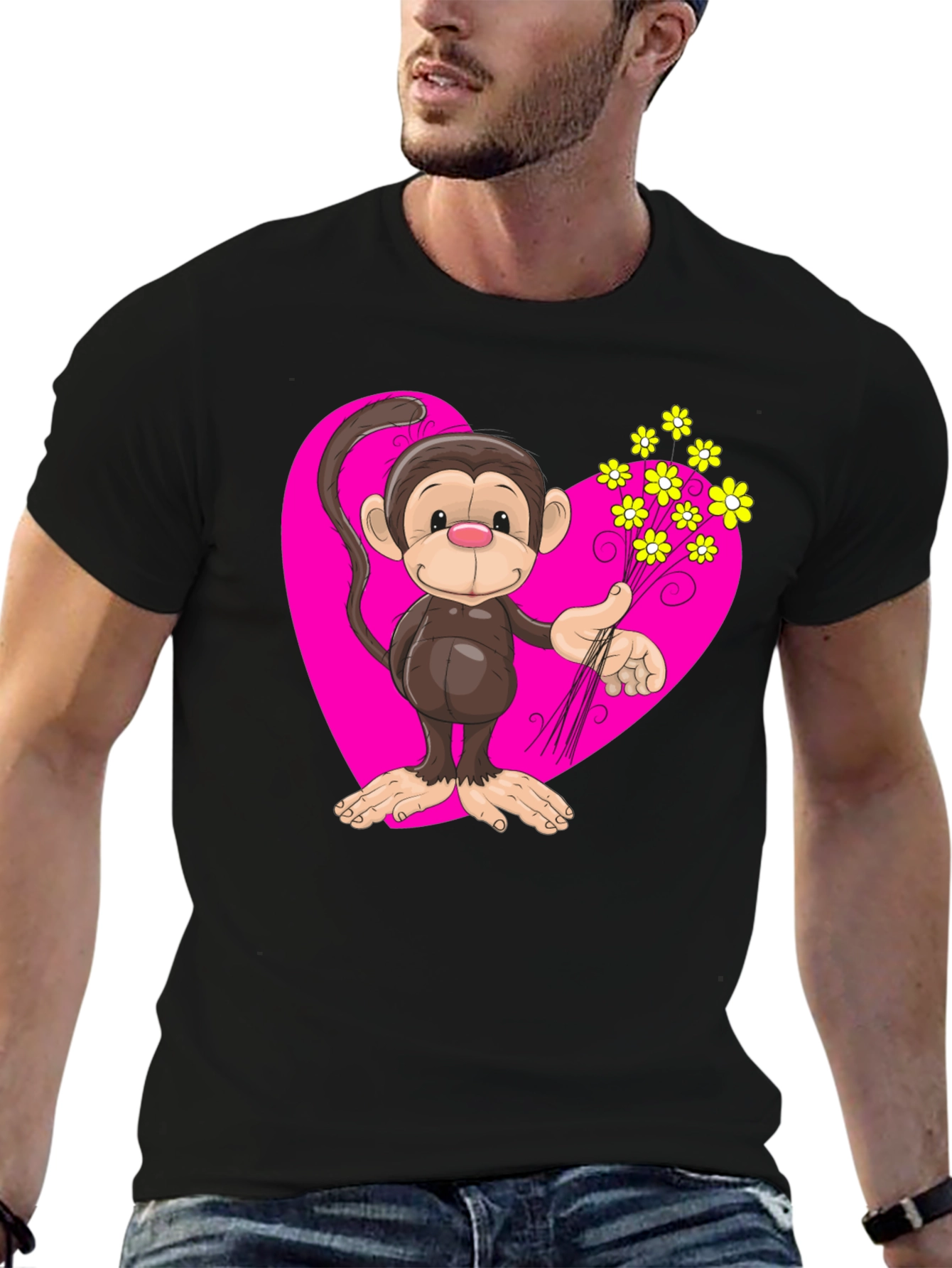 Black Monkey Love T-Shirt - Cartoon Heart Flowers view 6