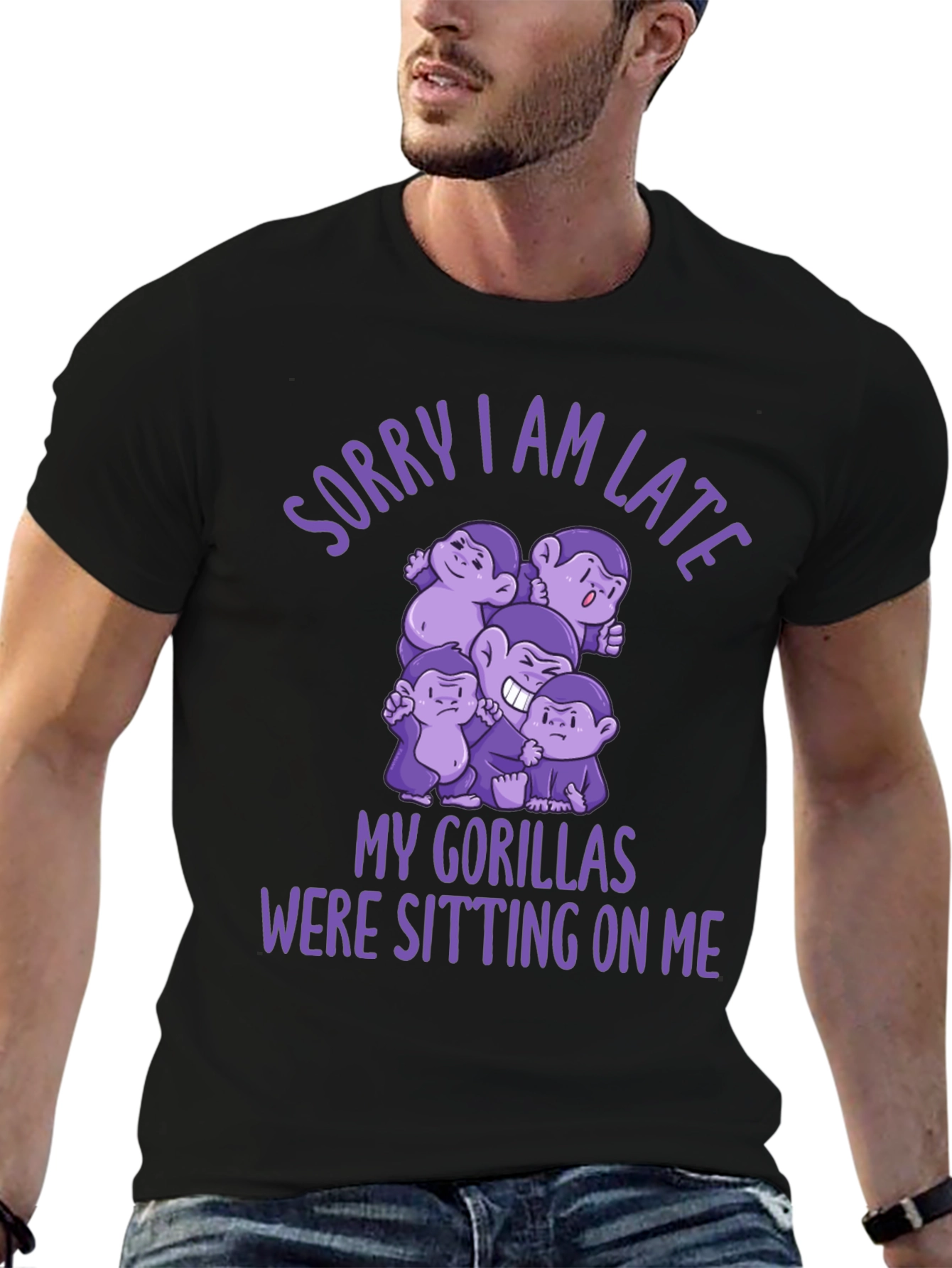 Black Funny Gorilla Graphic Tee - Sorry I Am Late view 6
