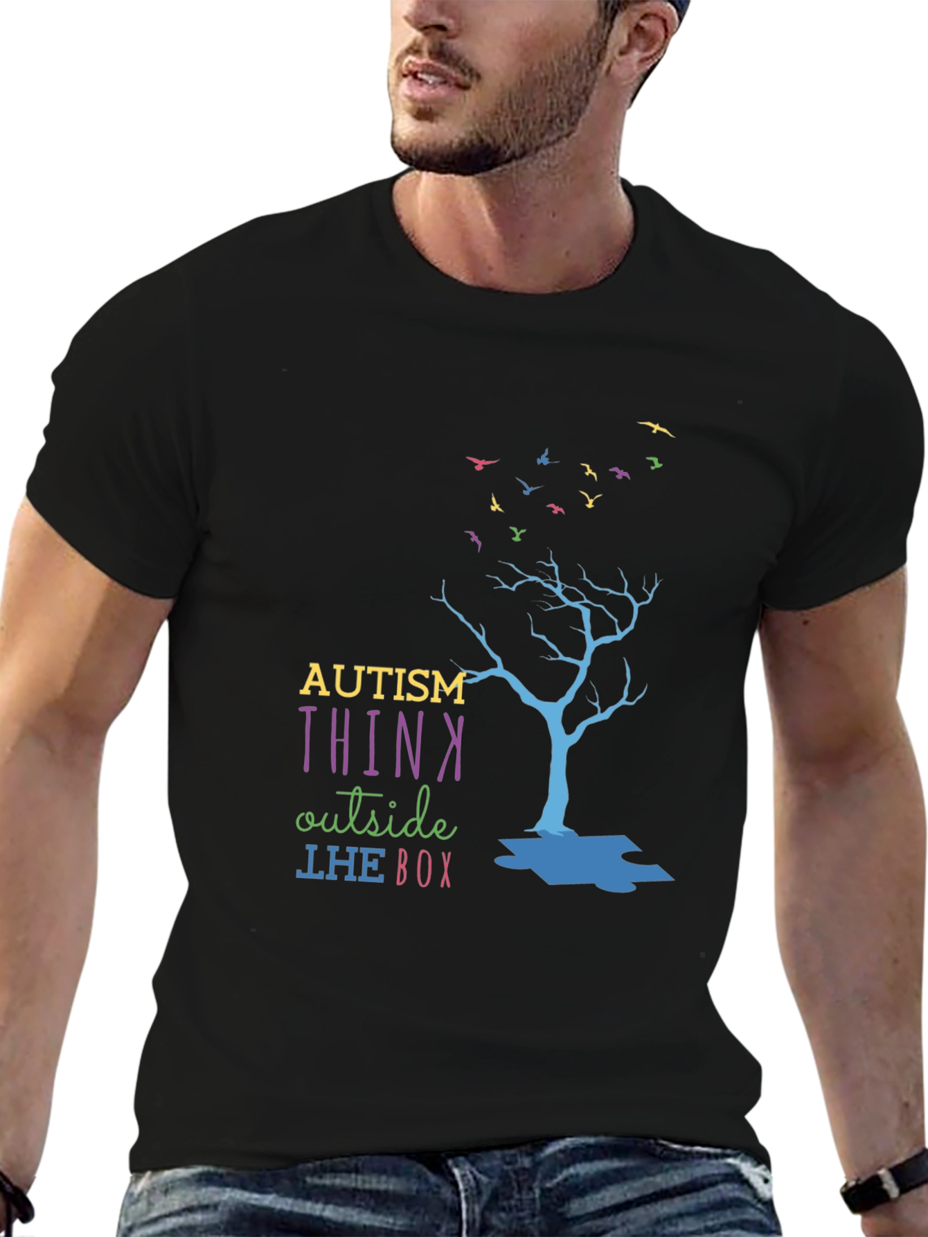 Black Autism Think Outside the Box T-Shirt view 6