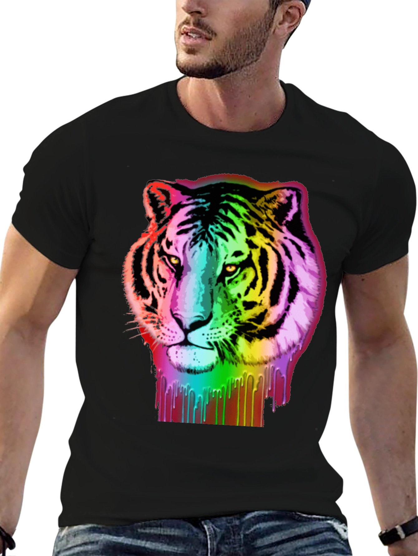 Black Rainbow Tiger Graphic Tee - Black Cotton T-Shirt view 6