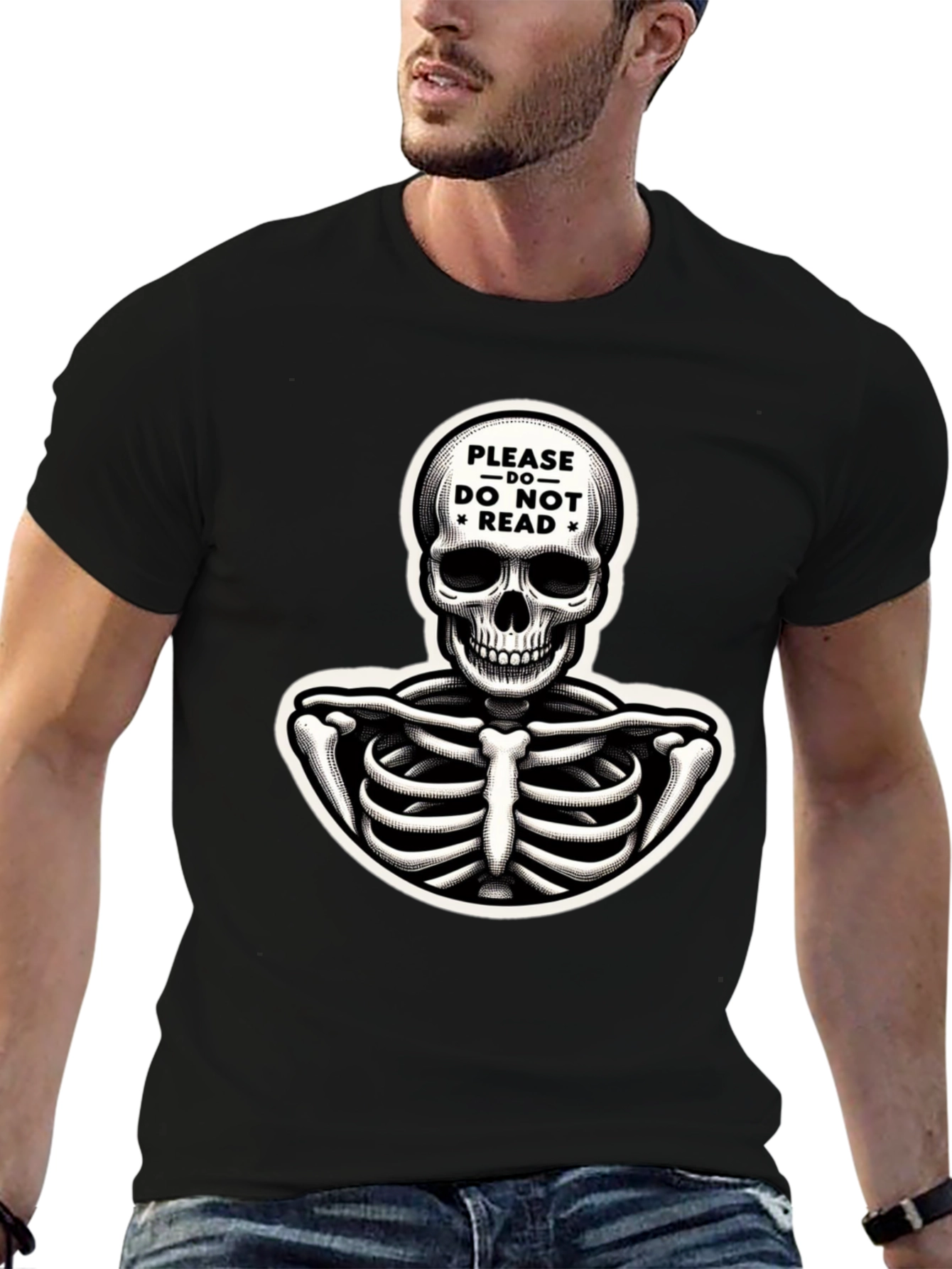 Black Humorous Skeleton Graphic Tee - "Please Do Not Read" view 6