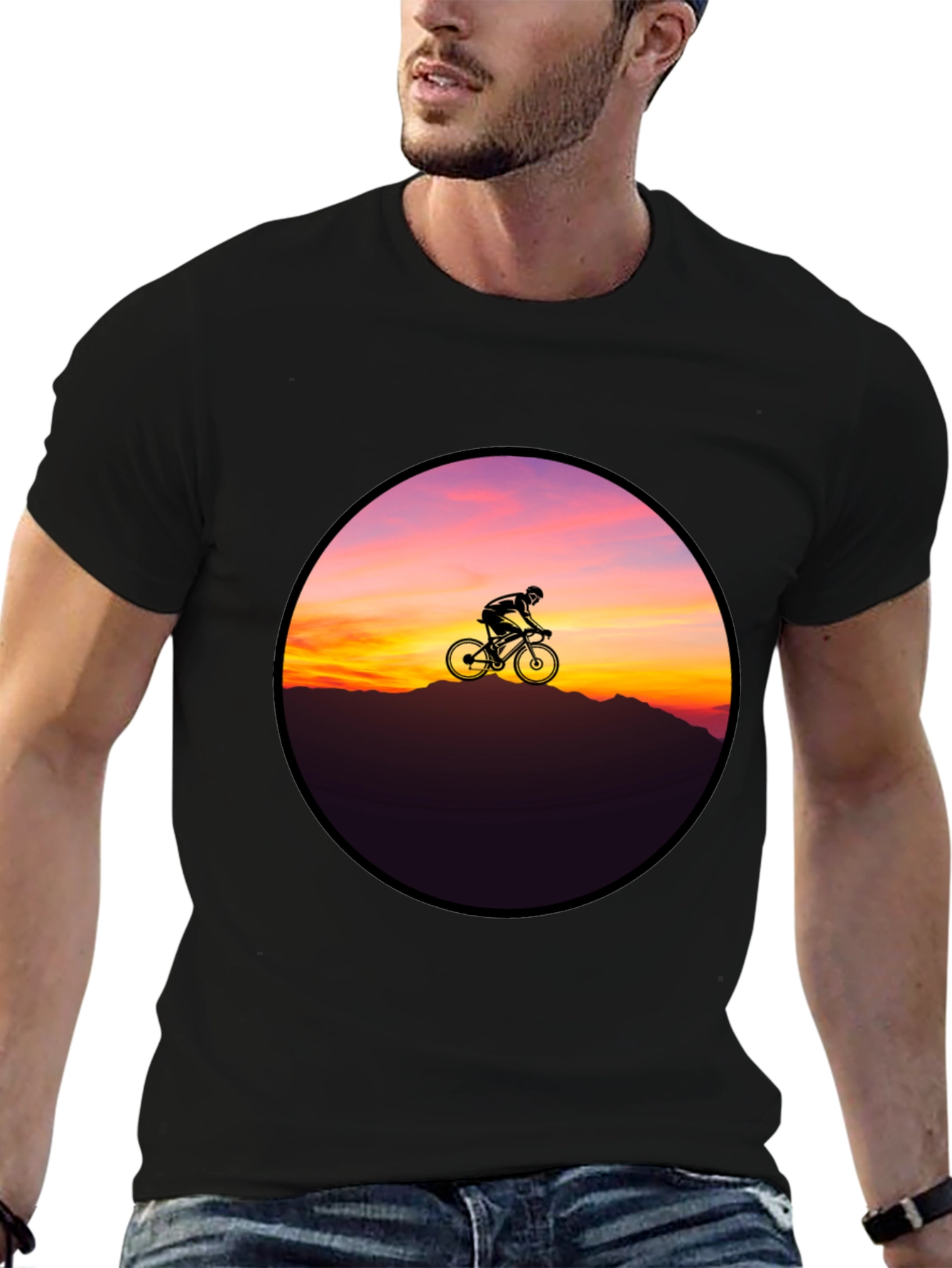 Black Sunset Cyclist Graphic Tee - Black Cotton Blend view 6