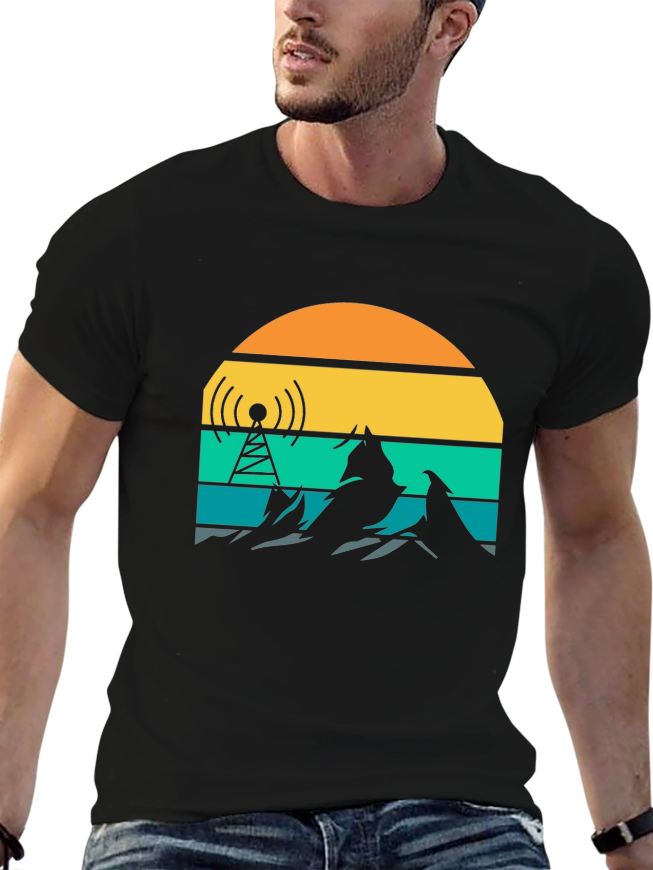 Black Retro Sunset Mountain Radio Tower T-Shirt view 6