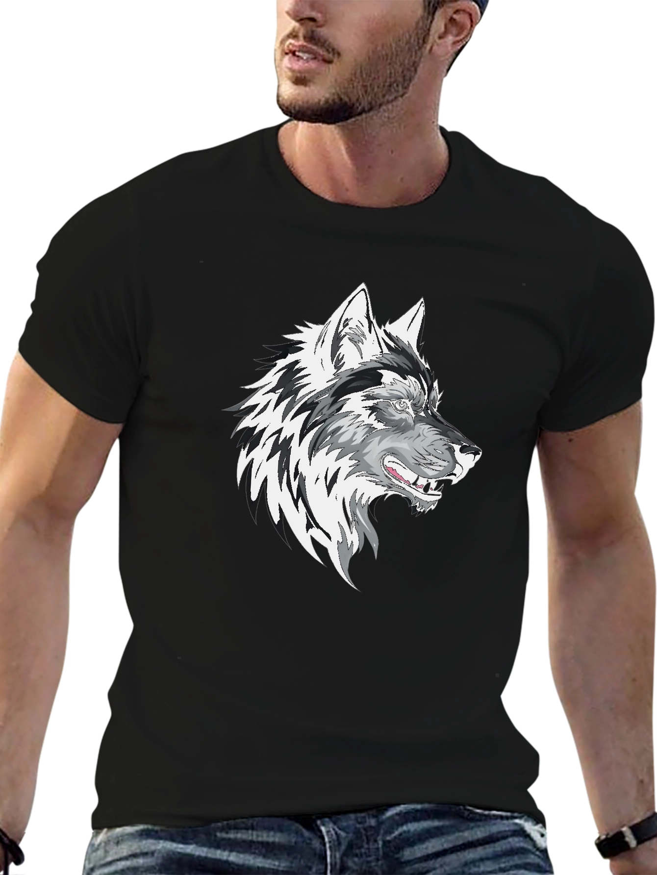 Black Wolf Graphic Print Men's T-Shirt view 6
