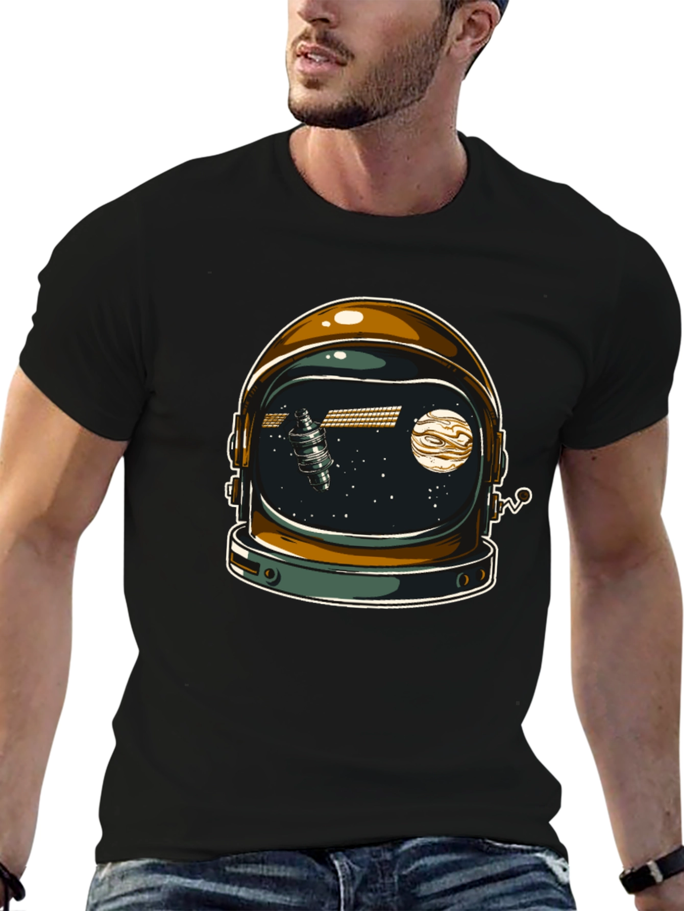 Black Space Helmet Graphic T-Shirt - Black Cotton Blend view 6