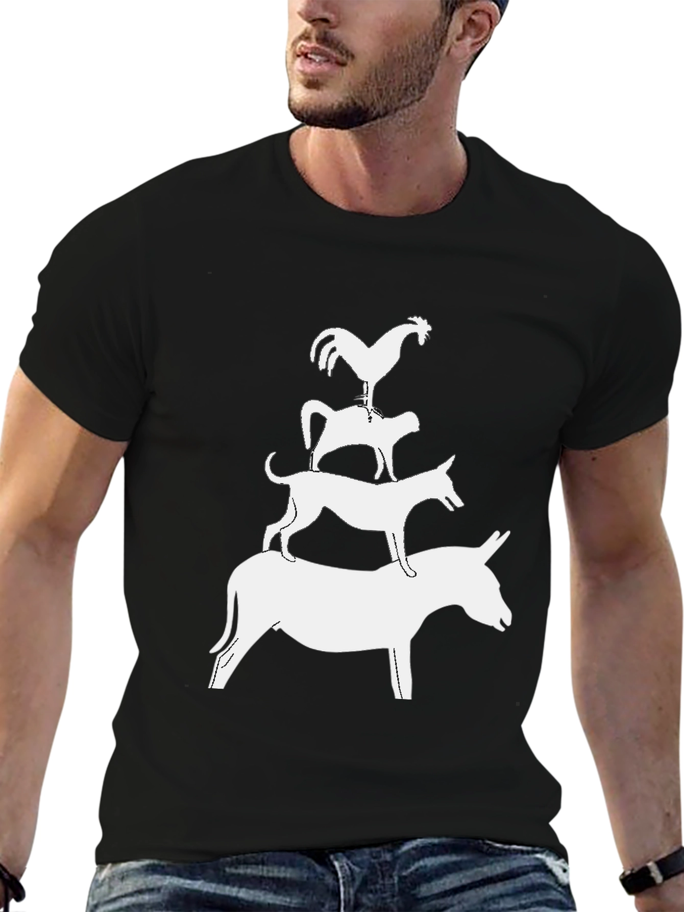 Black Bremen Town Musicians Graphic T-Shirt - Stacked Animal Tee view 6