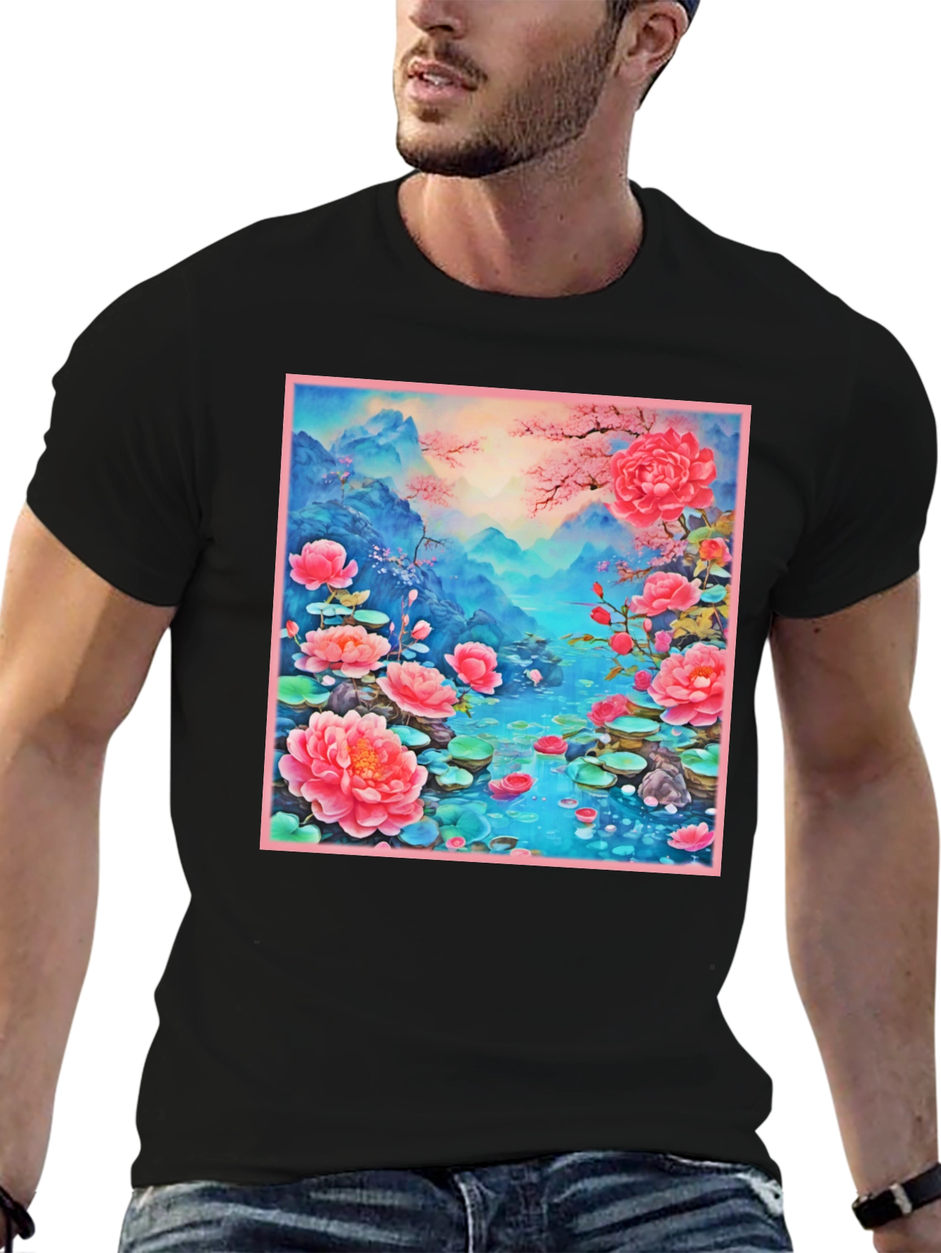 Black Floral Lotus Lake Graphic Tee - Unique Design view 6
