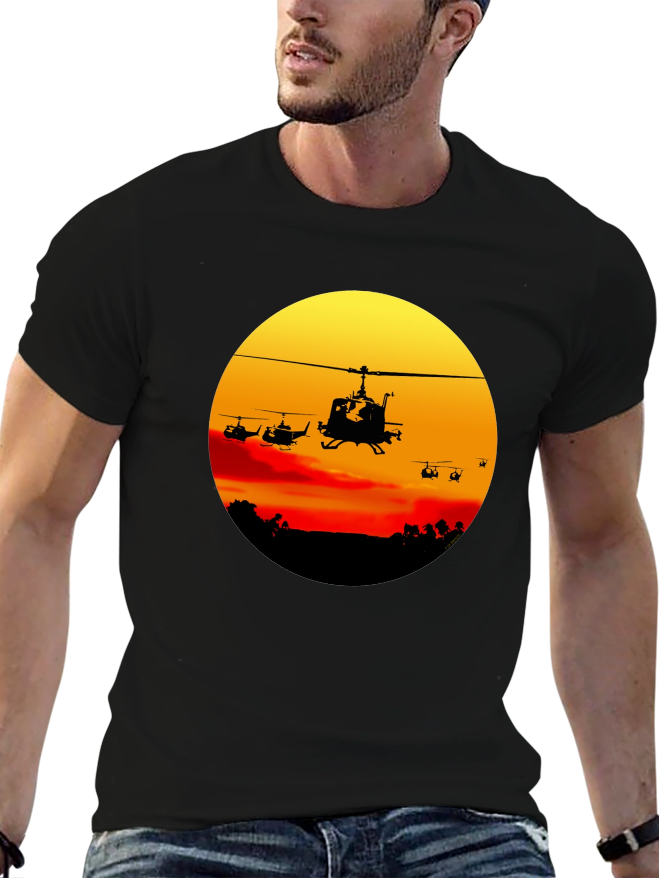 Black Retro Helicopter Sunset Graphic T-Shirt view 6