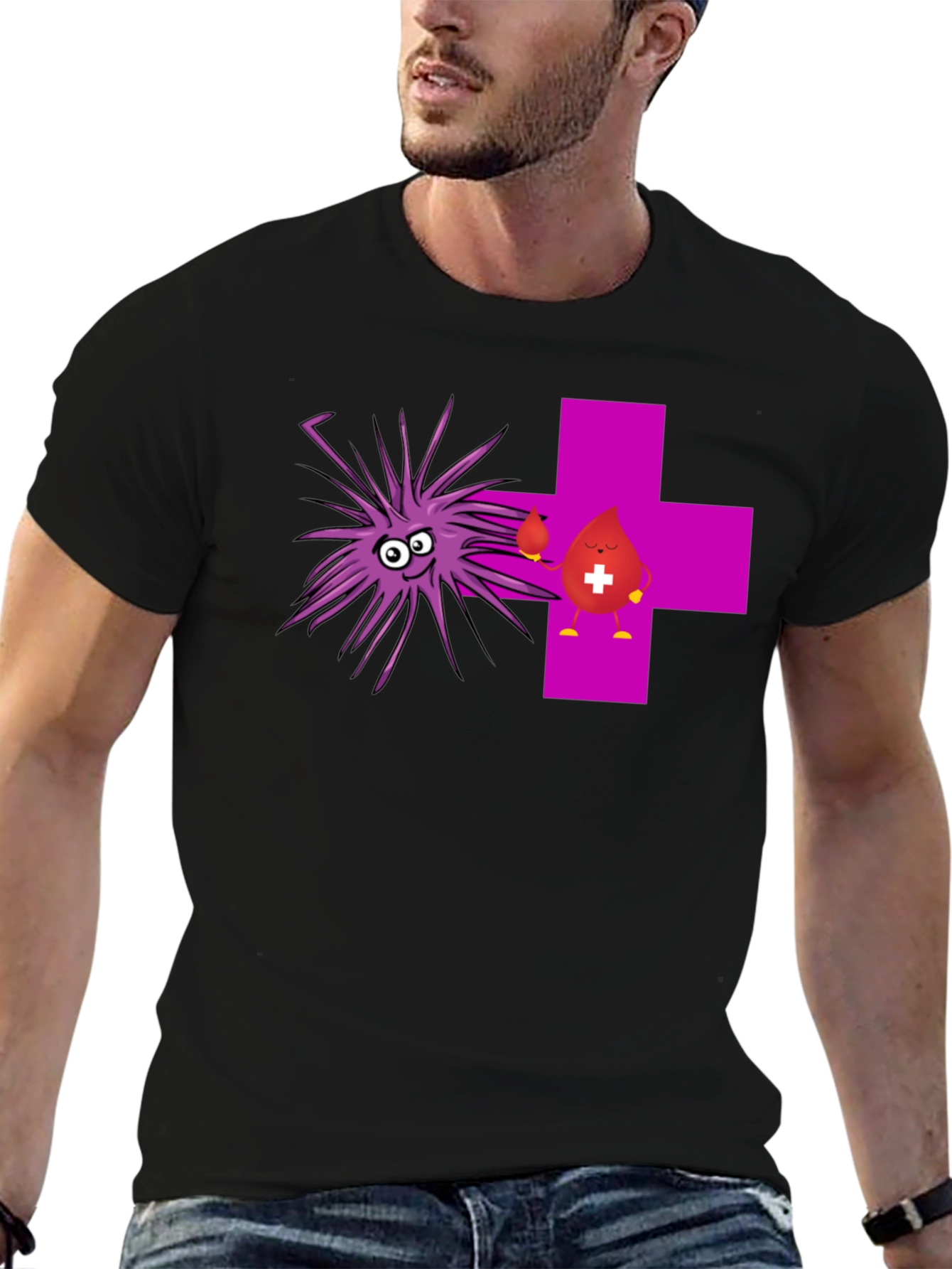 Black Funny Black T-Shirt with Cartoon Germs and Blood Drop view 6
