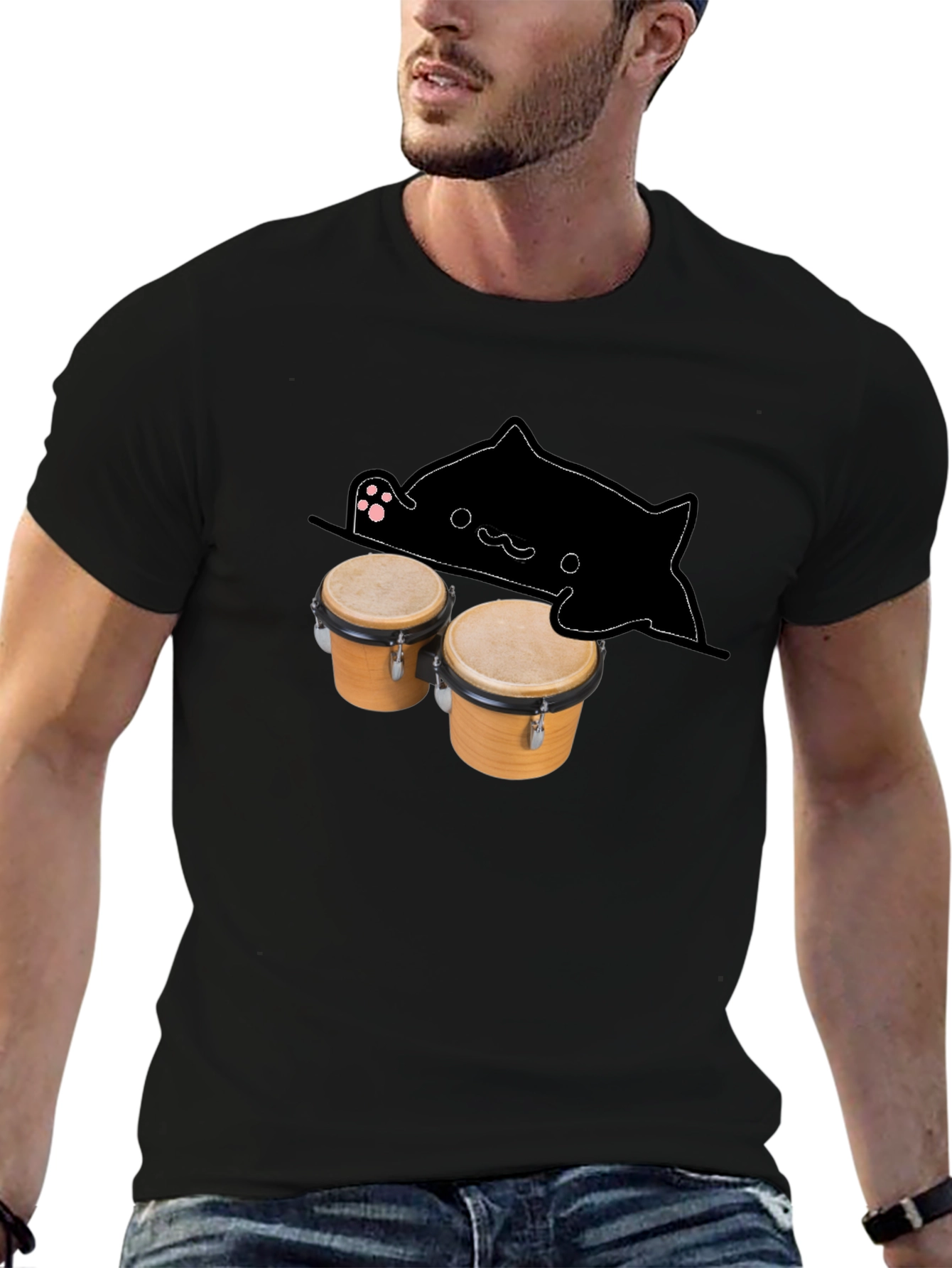 Black Bongo Cat Black T-Shirt - Musician Tee view 6