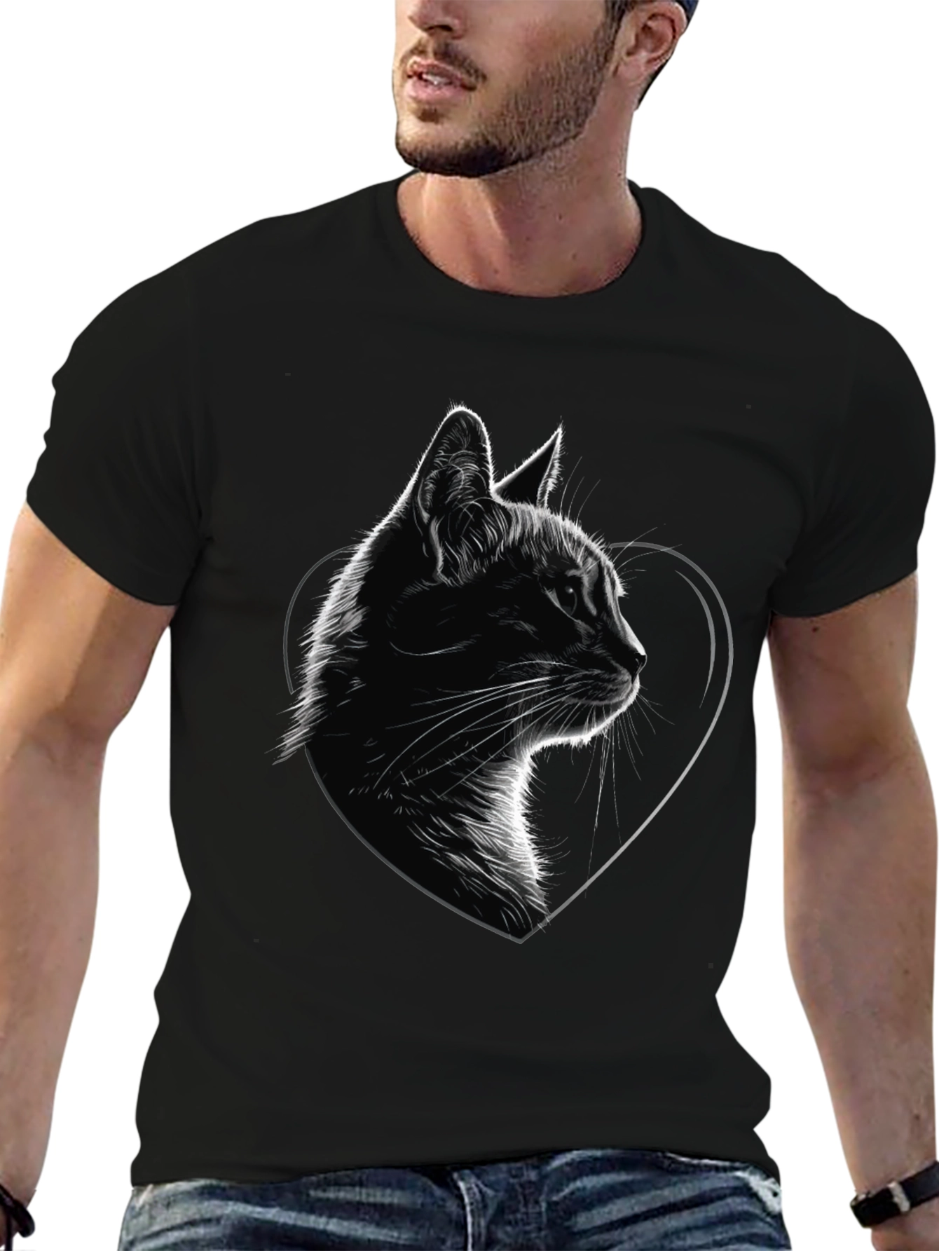 Black Cat Heart Graphic Tee - Black Cotton Blend T-Shirt view 6