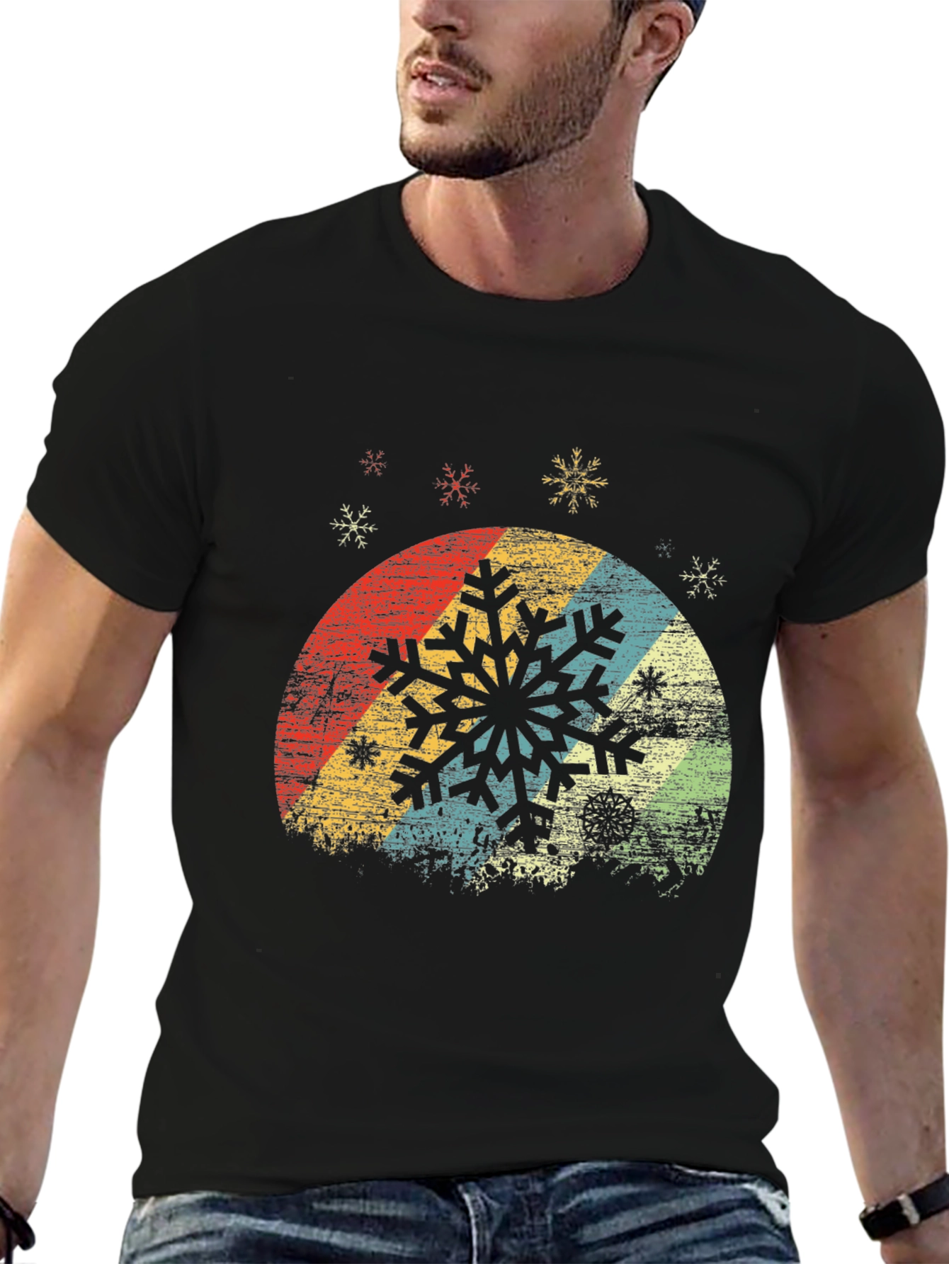 Black Retro Snowflake Graphic Tee - Vintage Winter Style view 6