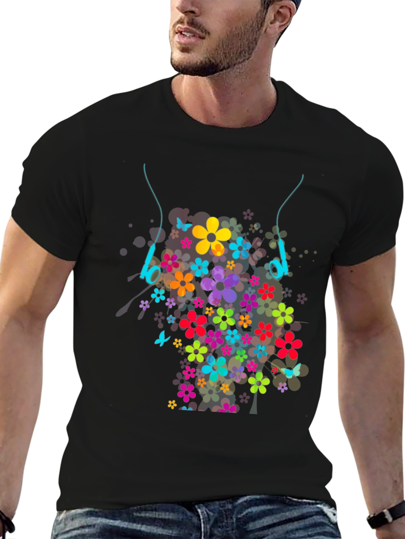 Black Floral Headphones Graphic T-Shirt view 6