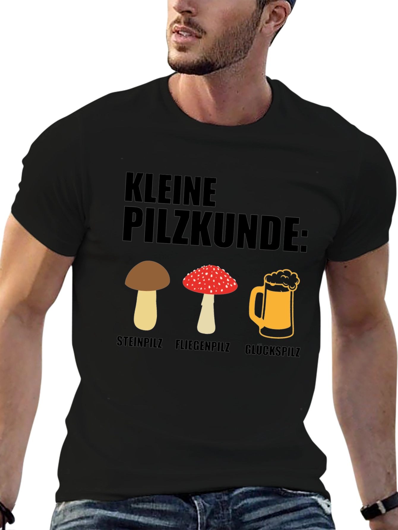 Black Kleine Pilzkunde Funny Mushroom and Beer T-Shirt view 6