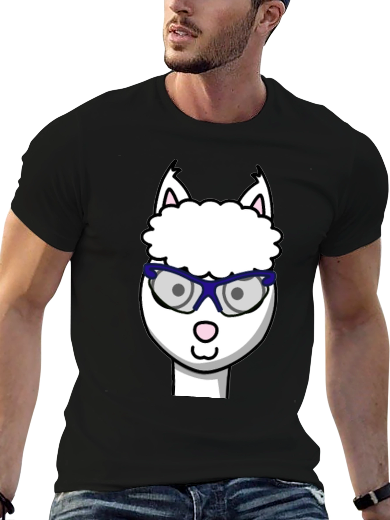 Black Alpaca with Glasses Graphic Tee - Funny Animal T-Shirt view 6