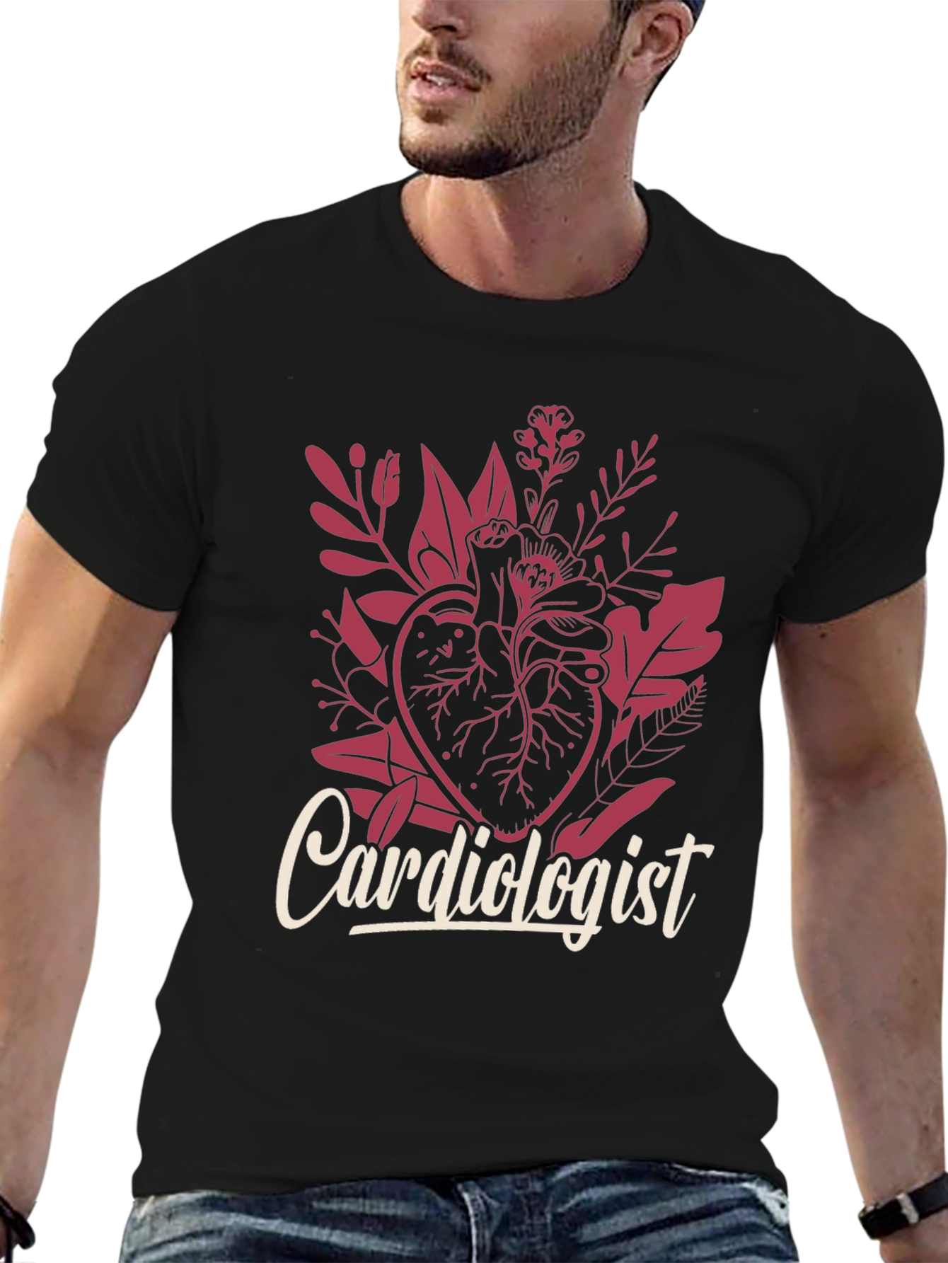 Black Cardiologist Heart Floral Graphic T-Shirt view 6