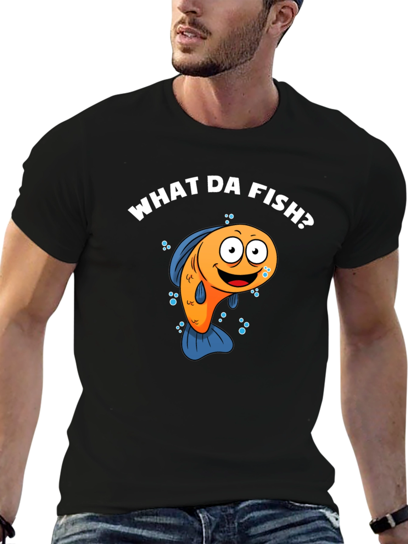 Black Funny What Da Fish? Cartoon Black T-Shirt view 6