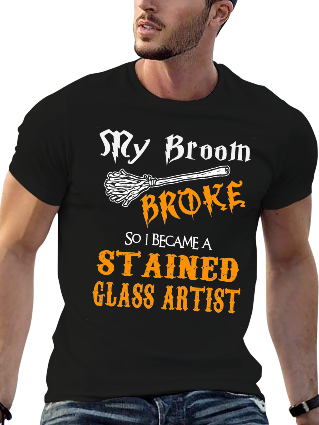 Black My Broom Broke Stained Glass Artist T-Shirt view 6
