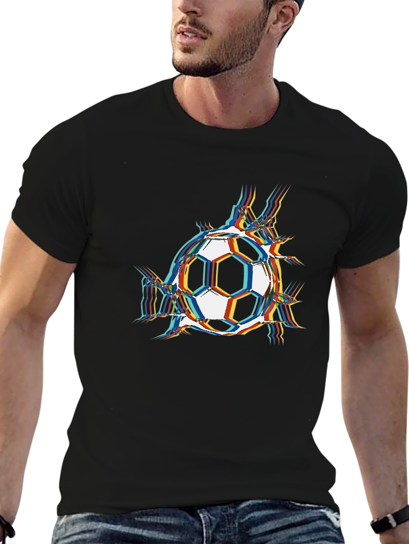 Black Soccer Ball Glitch Graphic T-Shirt view 6