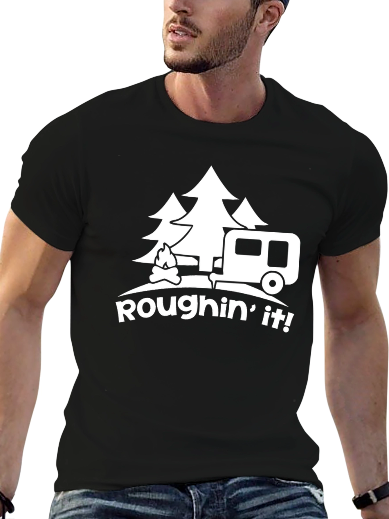 Black Roughin' It Camping T-Shirt - Outdoor Adventure Tee view 6