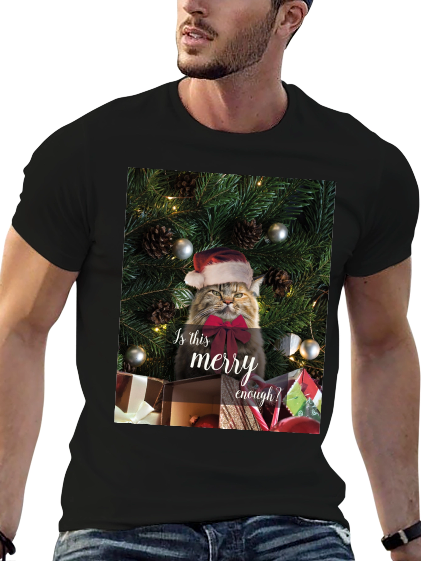 Black Merry Cat Christmas T-Shirt - Holiday Humor view 6