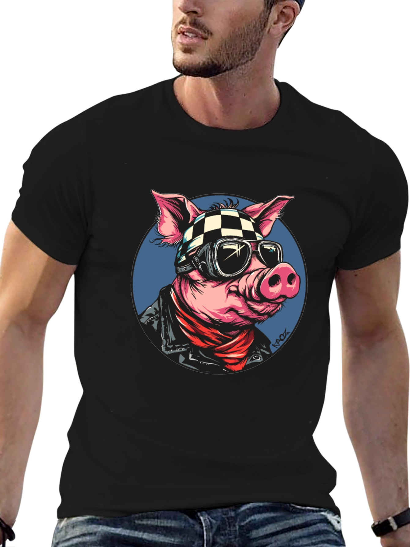 Black Cool Pig Rider T-Shirt - Black Cotton Tee view 6