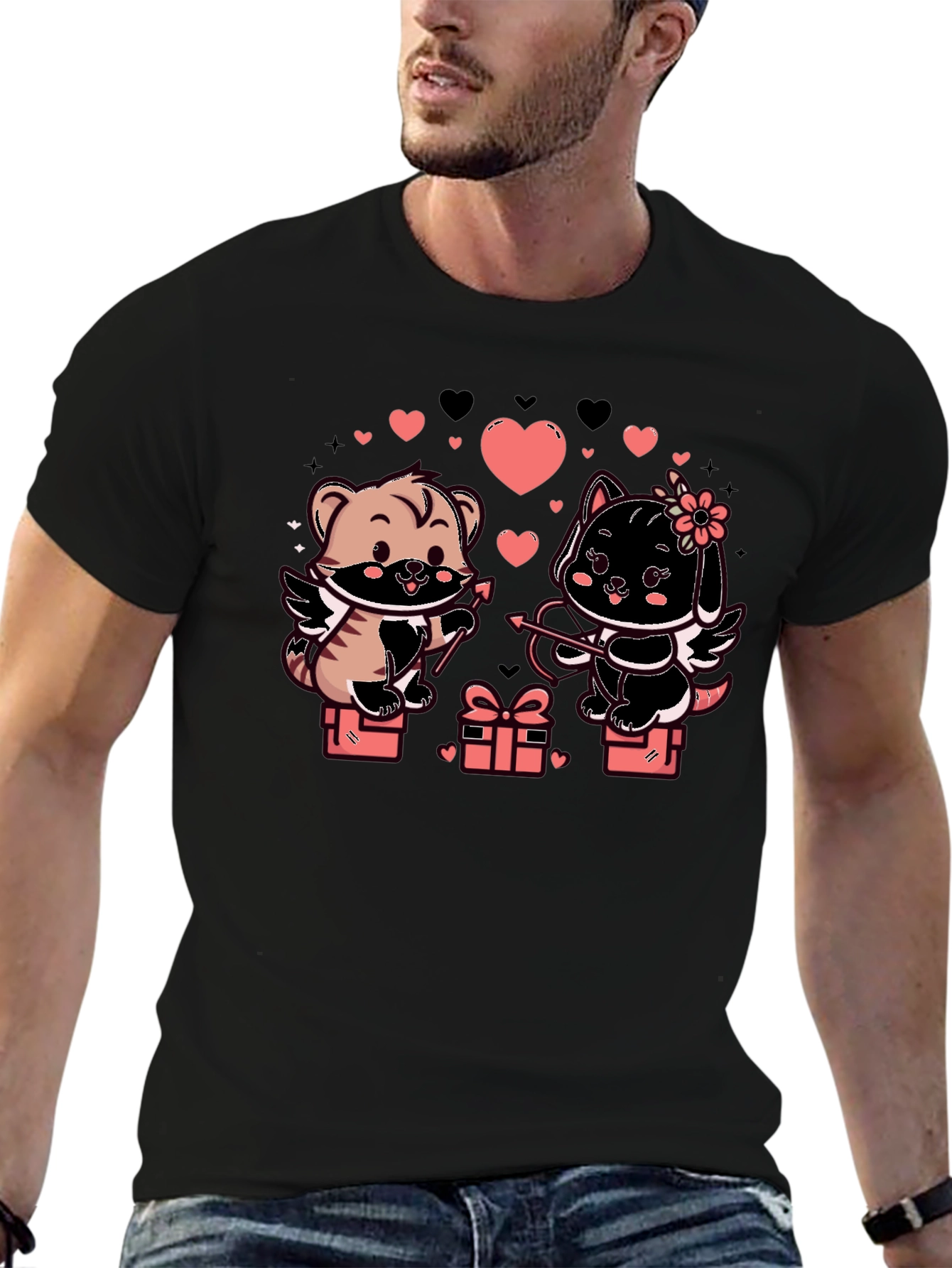 Black Cute Valentine's Day Cats Cupid T-Shirt view 6
