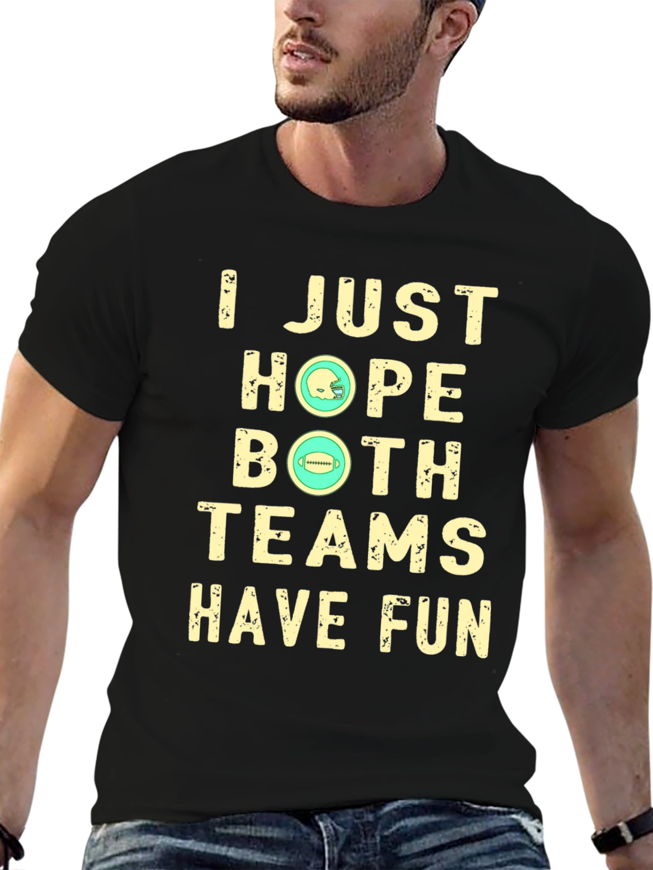 Black Funny Football T-Shirt: I Just Hope Both Teams Have Fun view 6