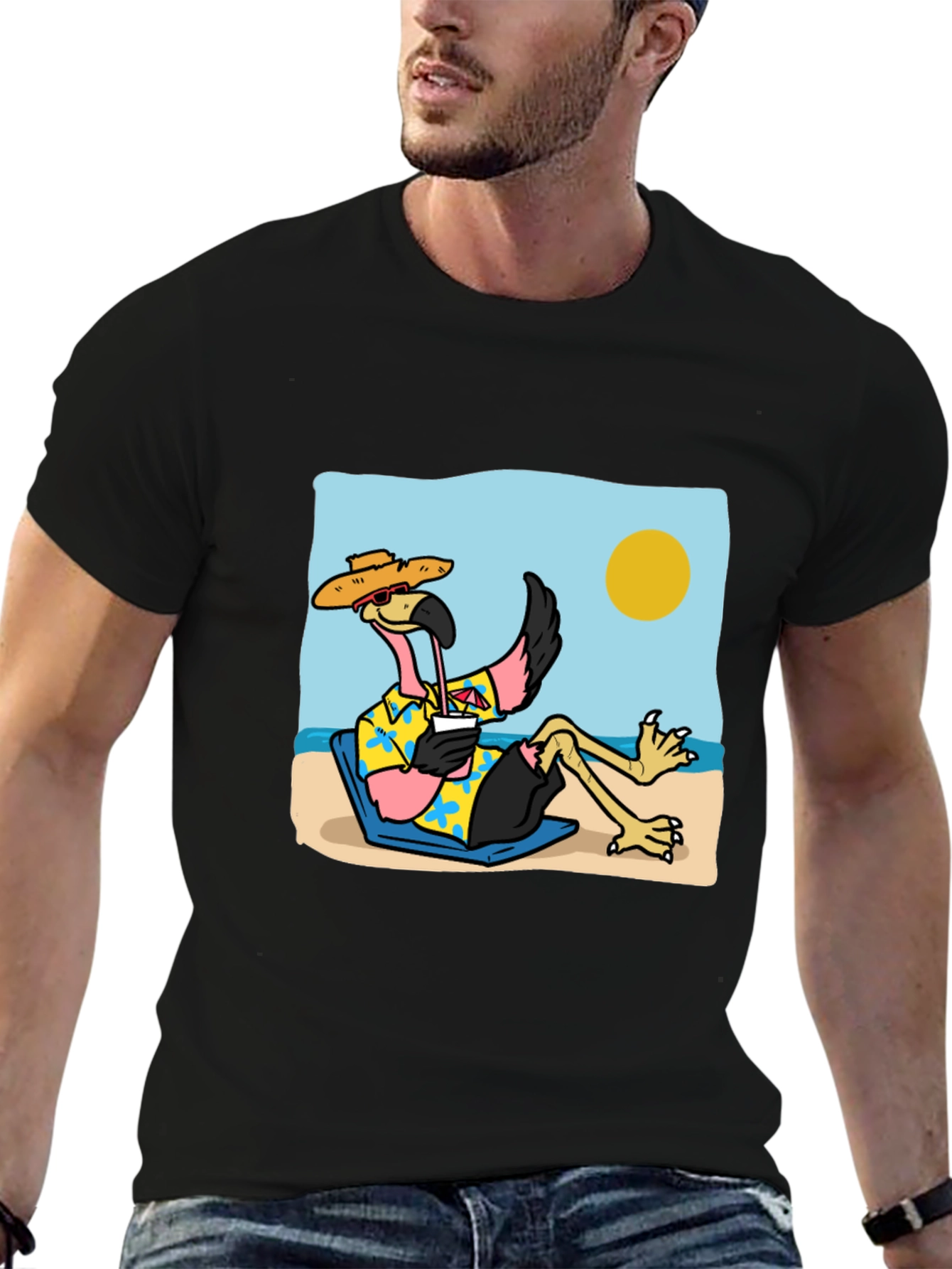 Black Relaxed Flamingo Beach T-Shirt - Tropical Vibe view 6