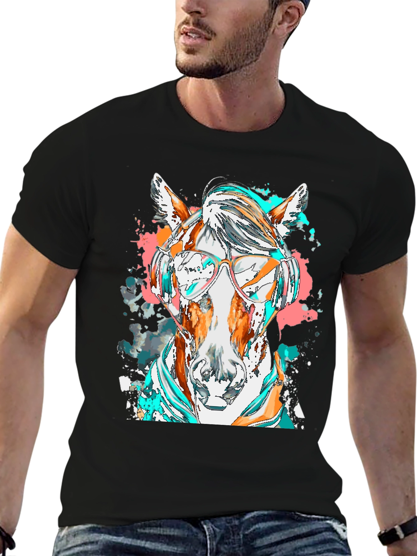 Black Horse with Headphones Graphic Tee view 6