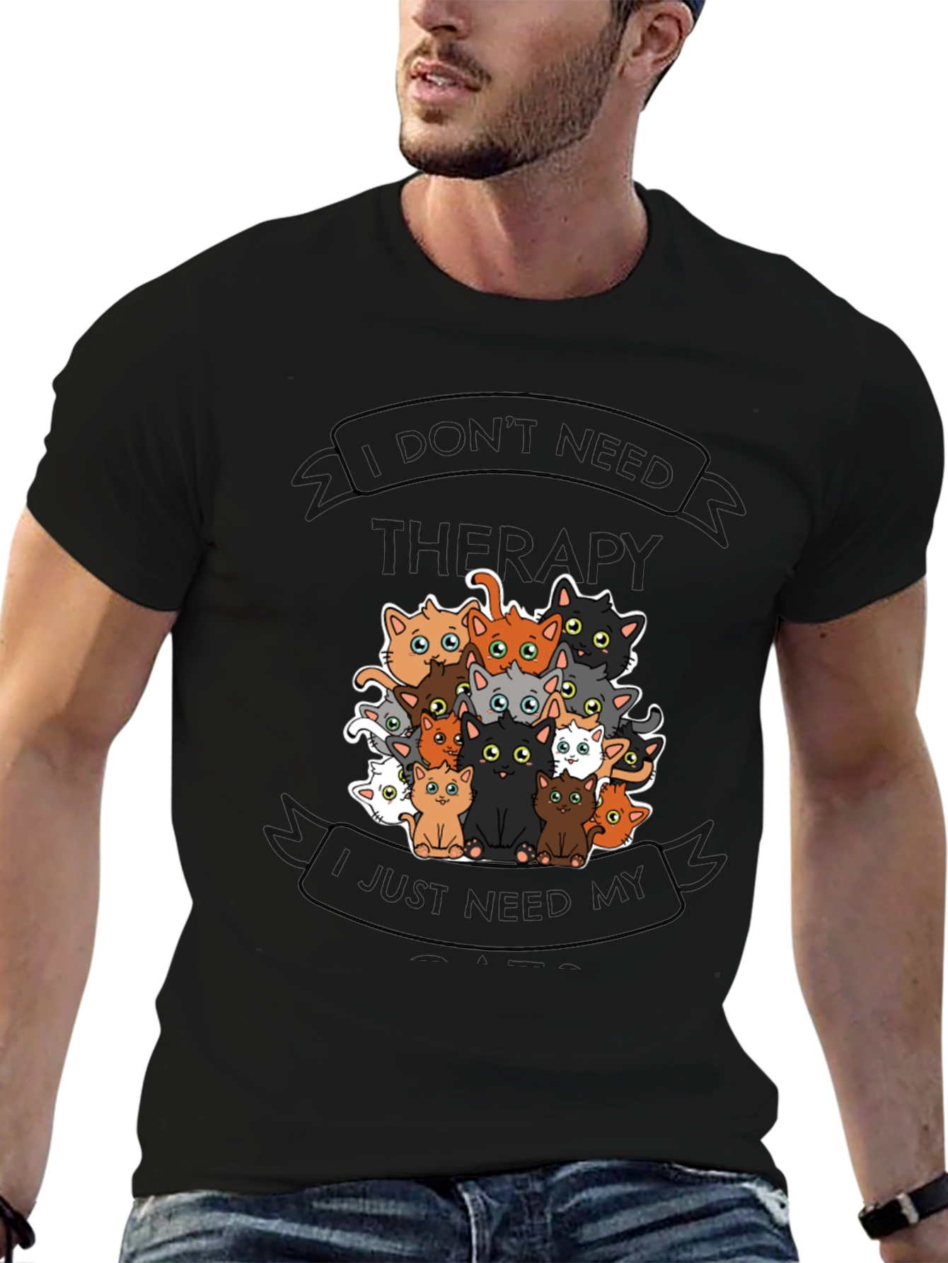 Black I Don't Need Therapy Cats T-Shirt view 6