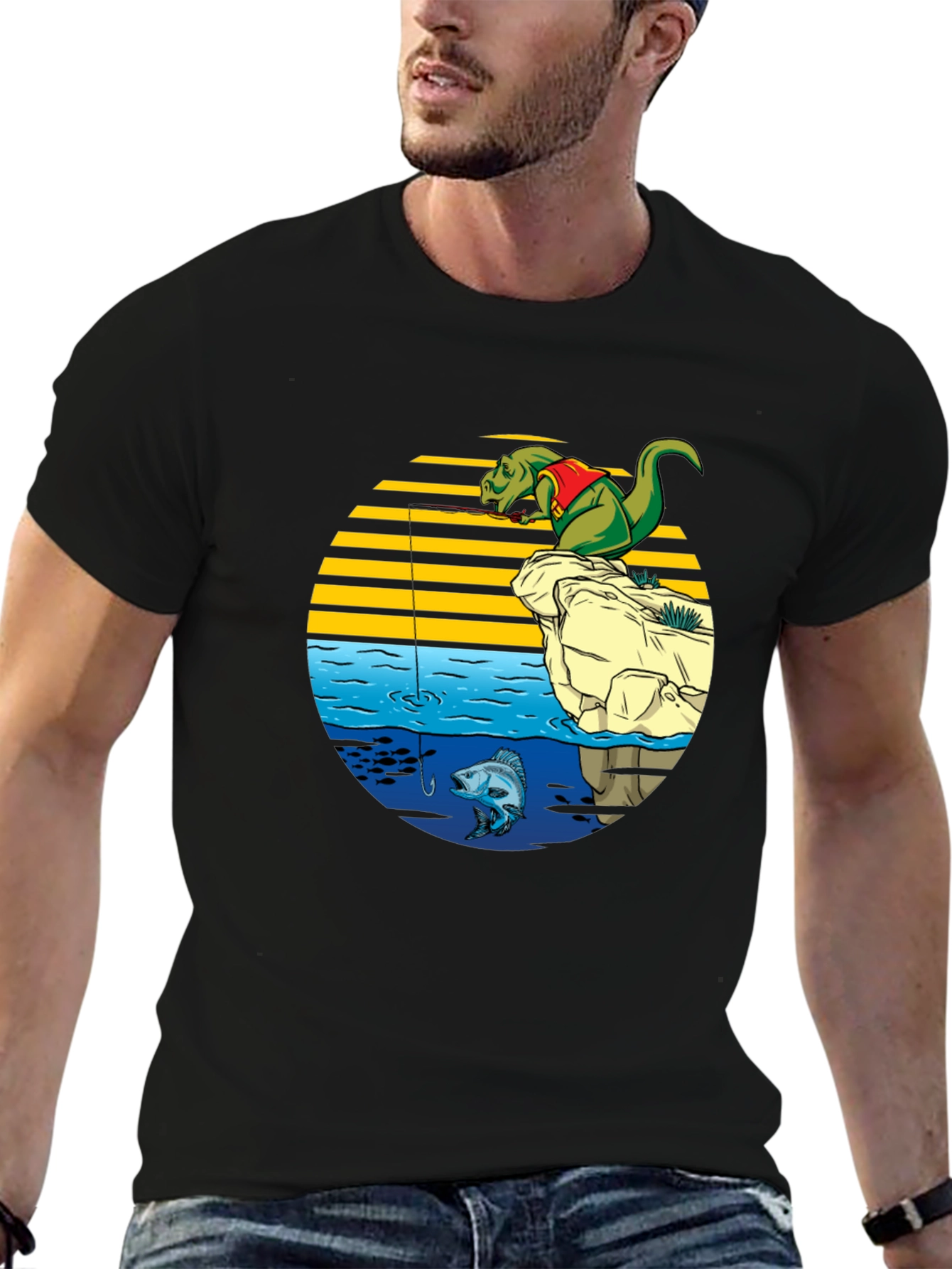 Black Dino Fishing Graphic T-Shirt - Fun Novelty Tee view 6