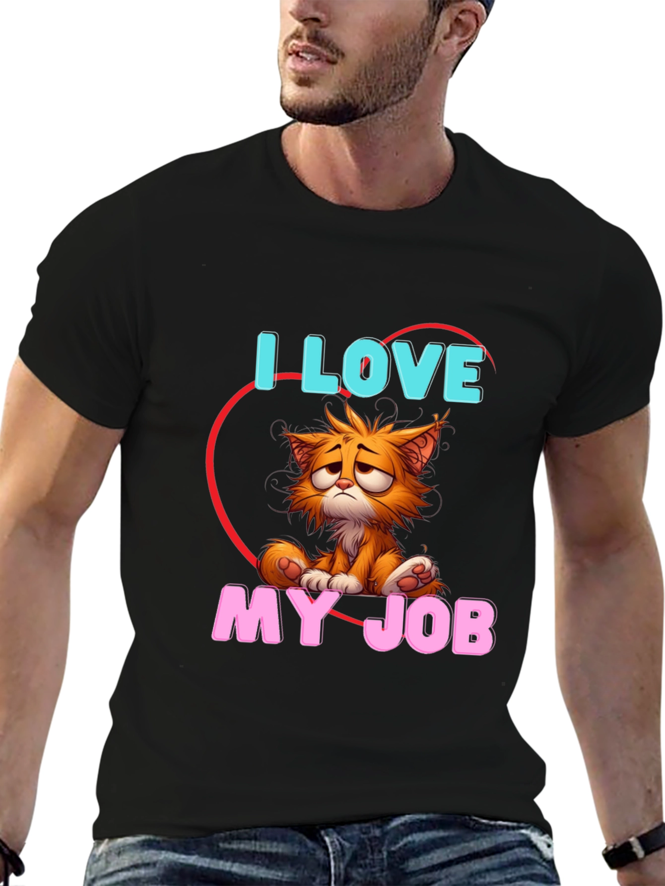 Black I Love My Job Cat T-Shirt - Unique Graphic Tee view 6