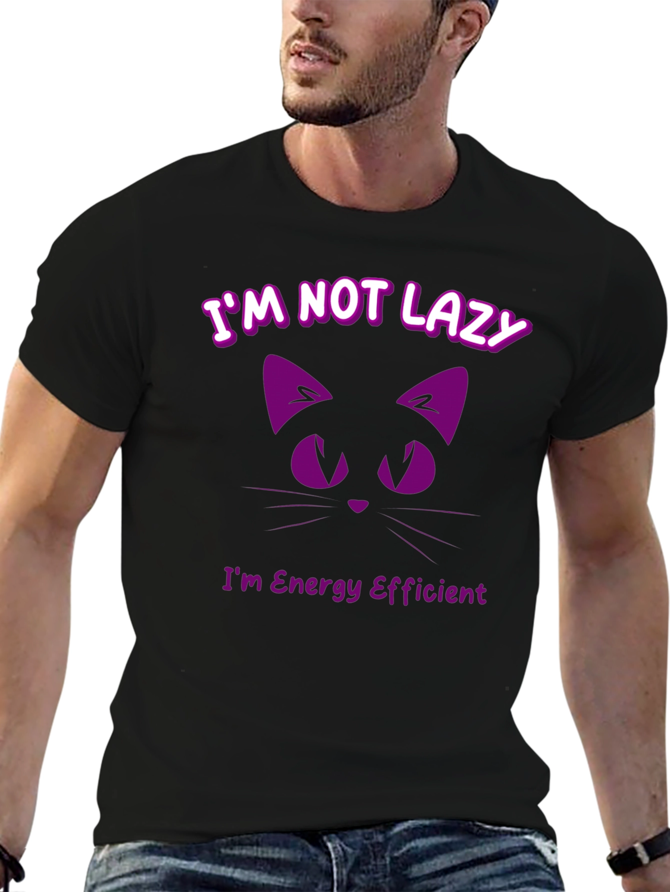 Black Funny Cat T-Shirt - I'm Not Lazy, Energy Efficient view 6