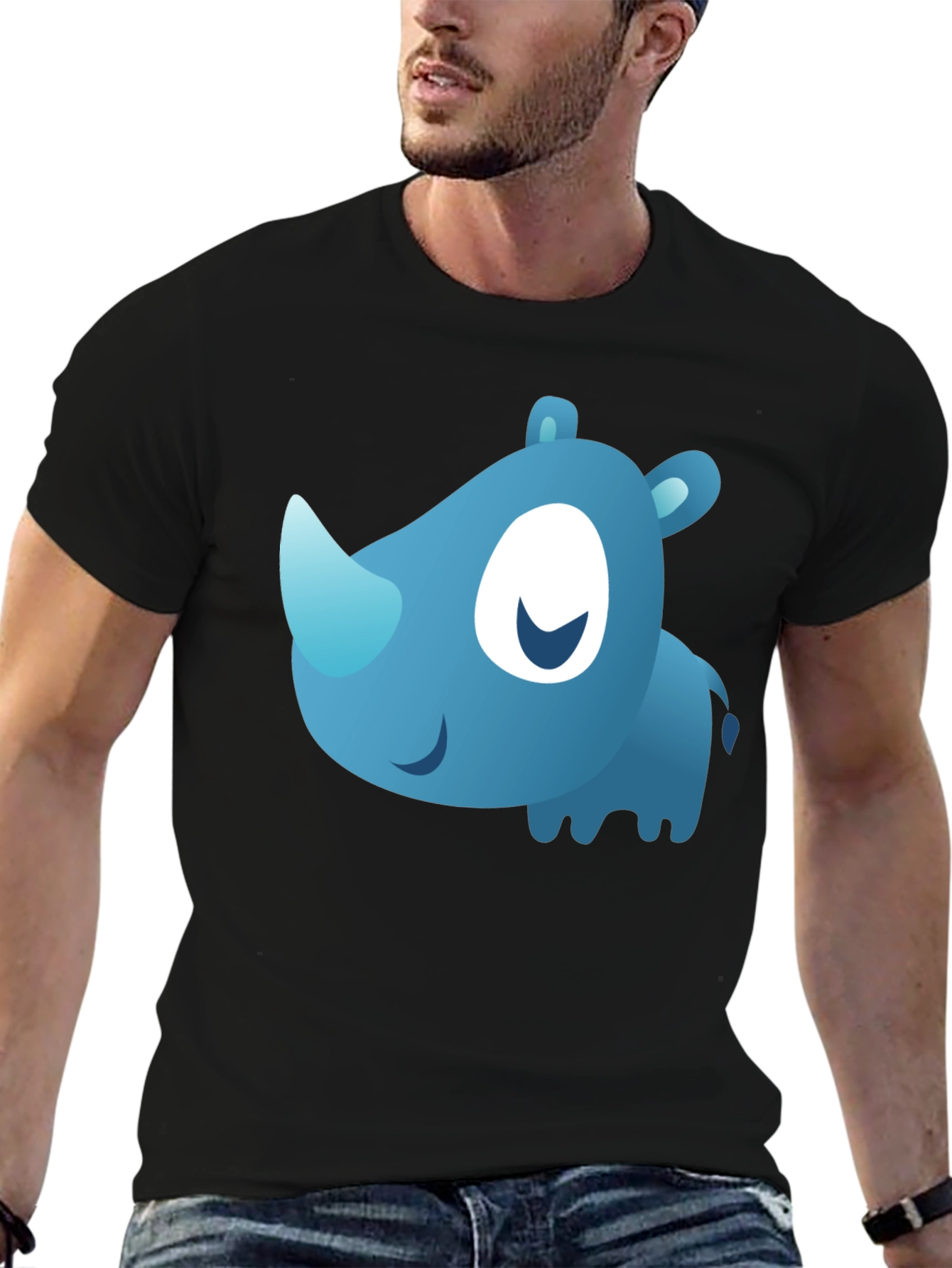 Black Cute Blue Cartoon Rhino Black T-Shirt view 6
