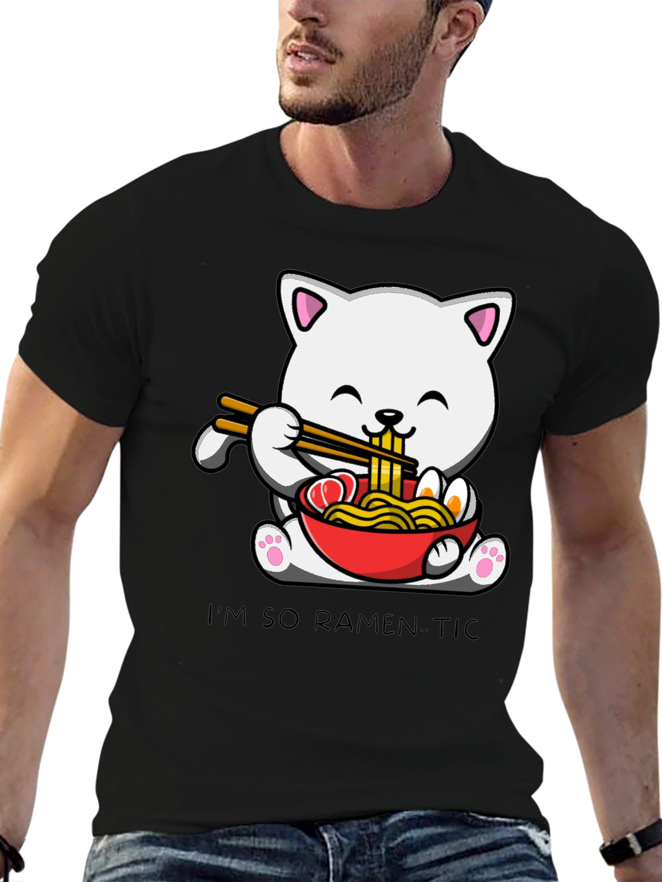 Black Ramen Cat T-Shirt - "I'm So Ramen-Tic" Graphic Tee view 6