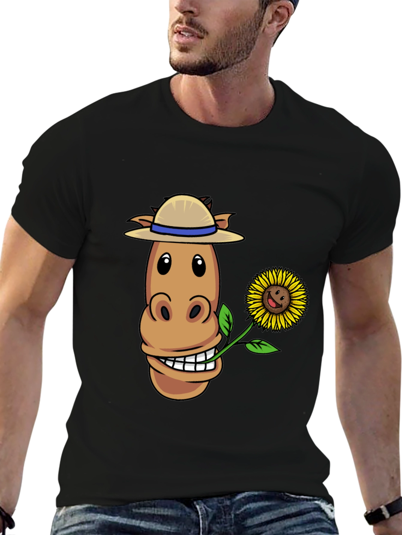 Black Funny Horse & Sunflower Graphic Tee view 6