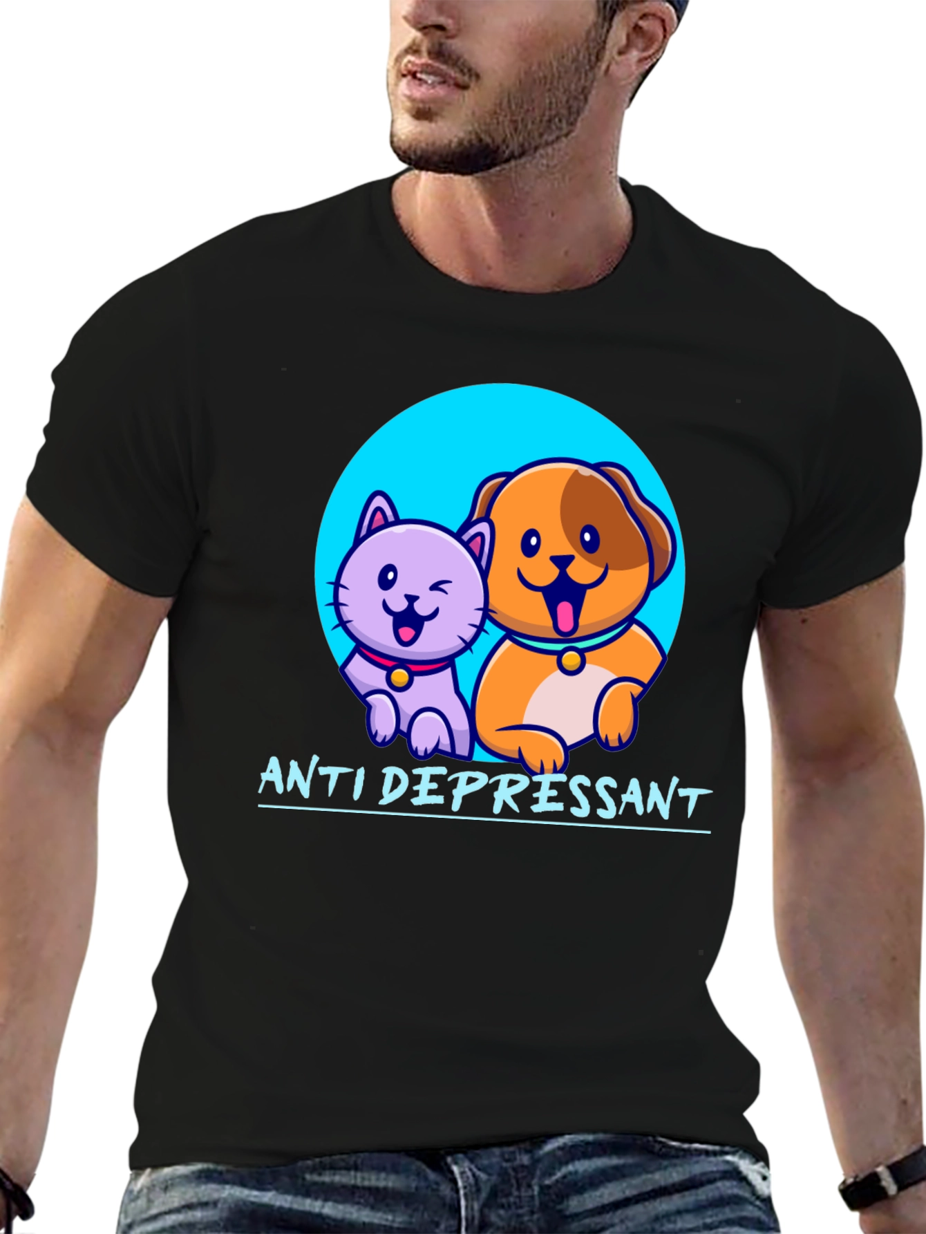 Black Anti Depressant Cat and Dog Graphic T-Shirt view 6