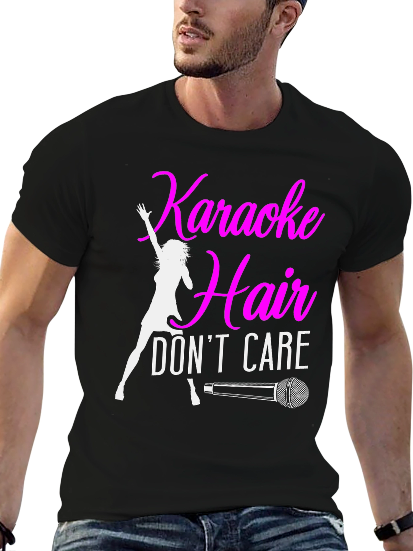 Black Karaoke Hair Don't Care Black T-Shirt view 6