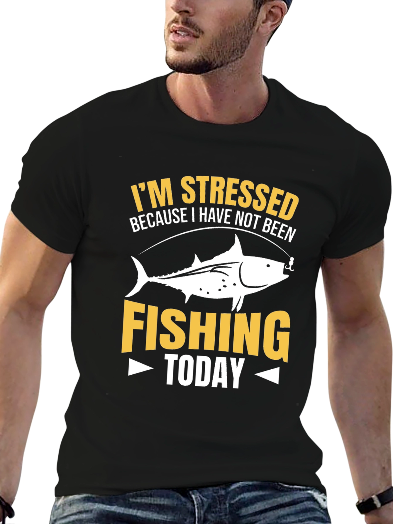 Black Stressed Because Fishing T-Shirt view 6
