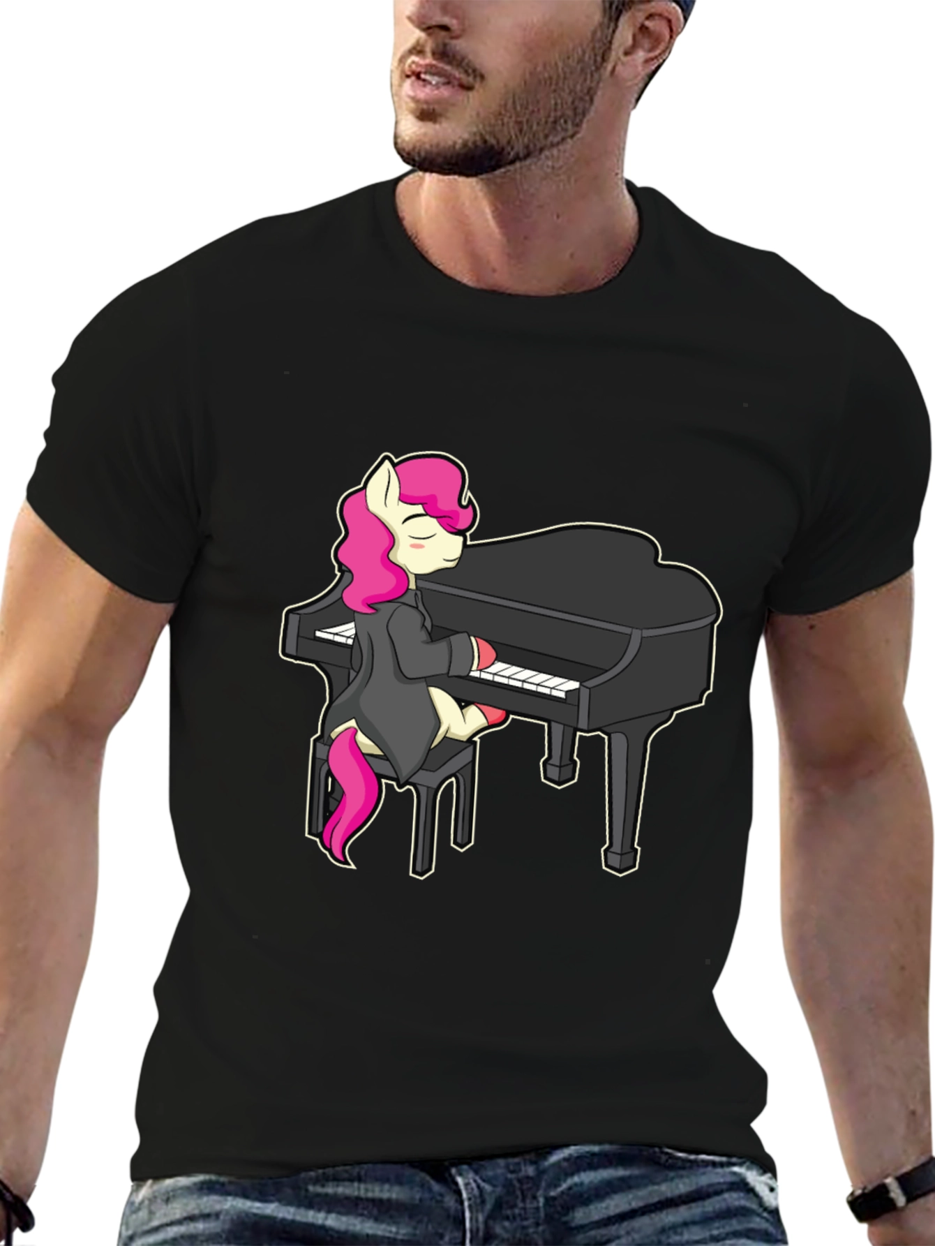 Black Pony Playing Piano T-Shirt - Cute Cartoon Design view 6