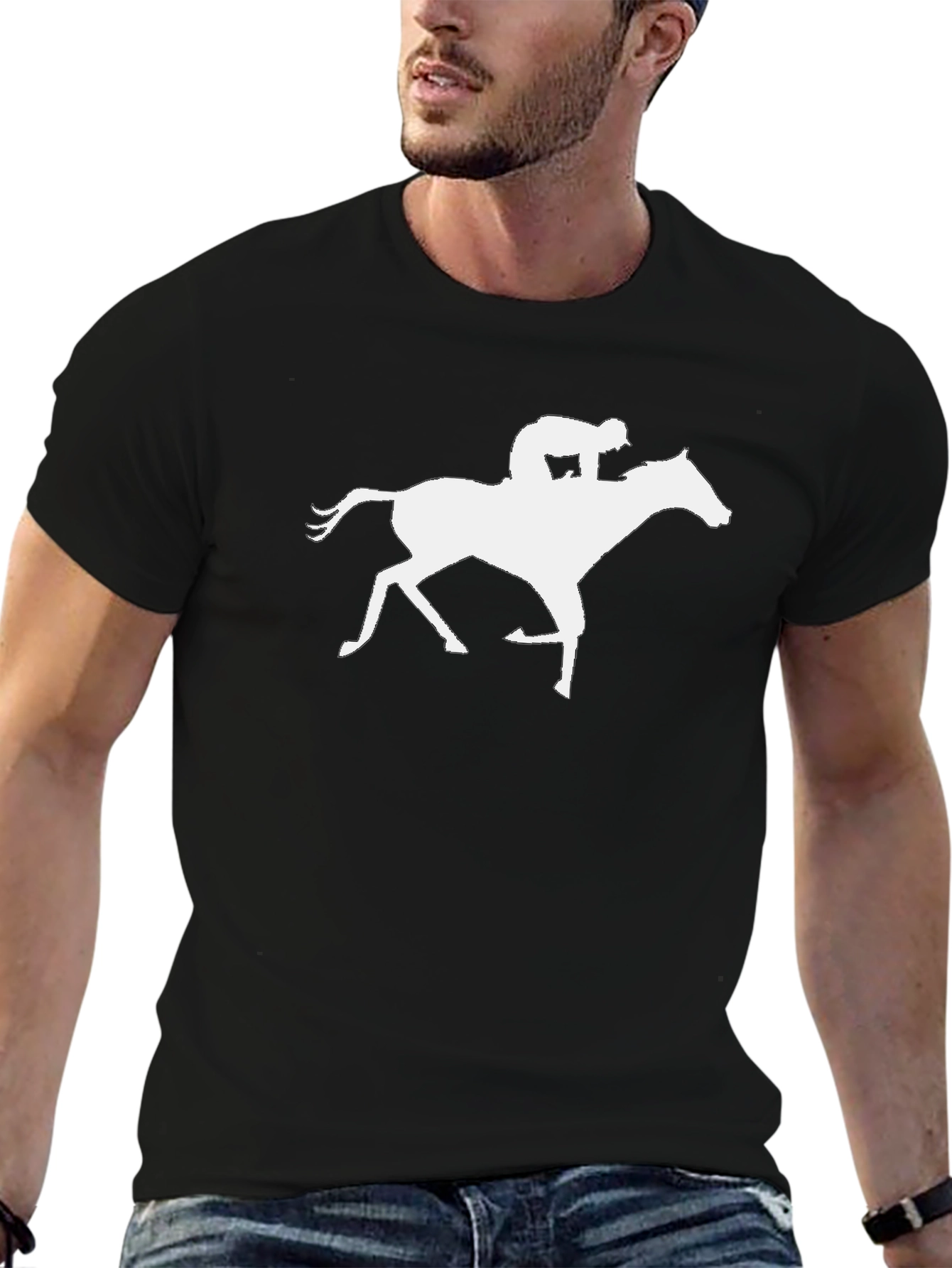 Black Horse Jockey Silhouette Black Cotton T-Shirt view 6