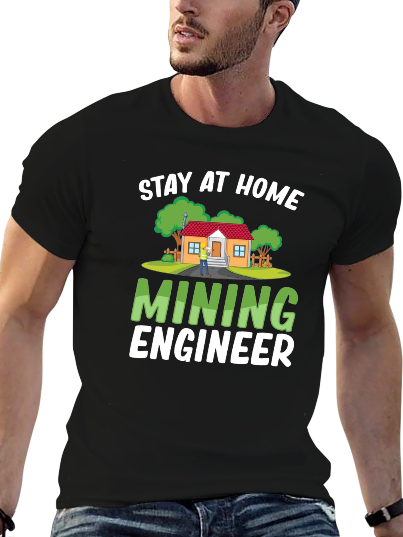 Black Stay At Home Mining Engineer Black T-Shirt view 6