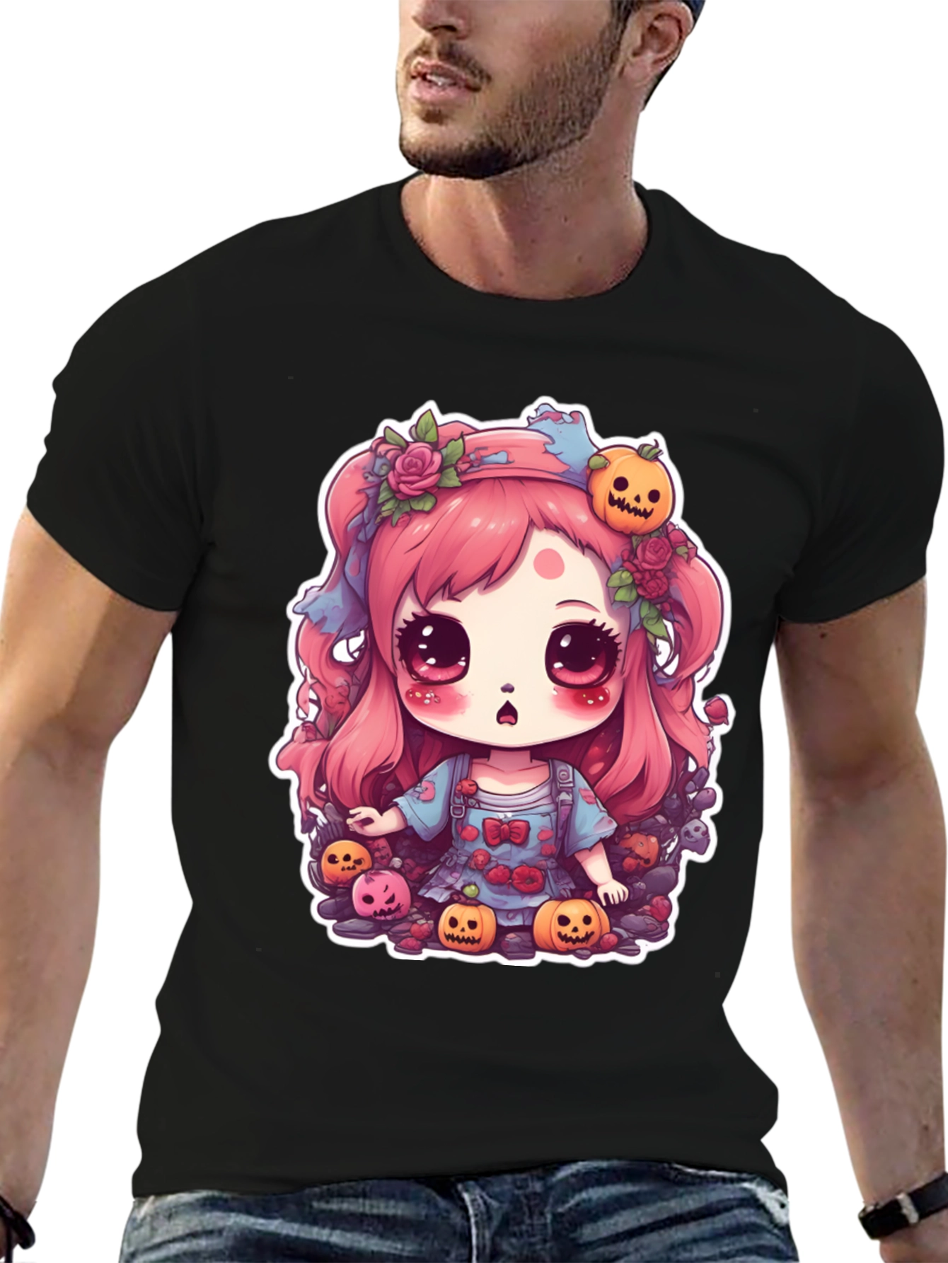 Black Kawaii Halloween Girl Black T-Shirt view 6