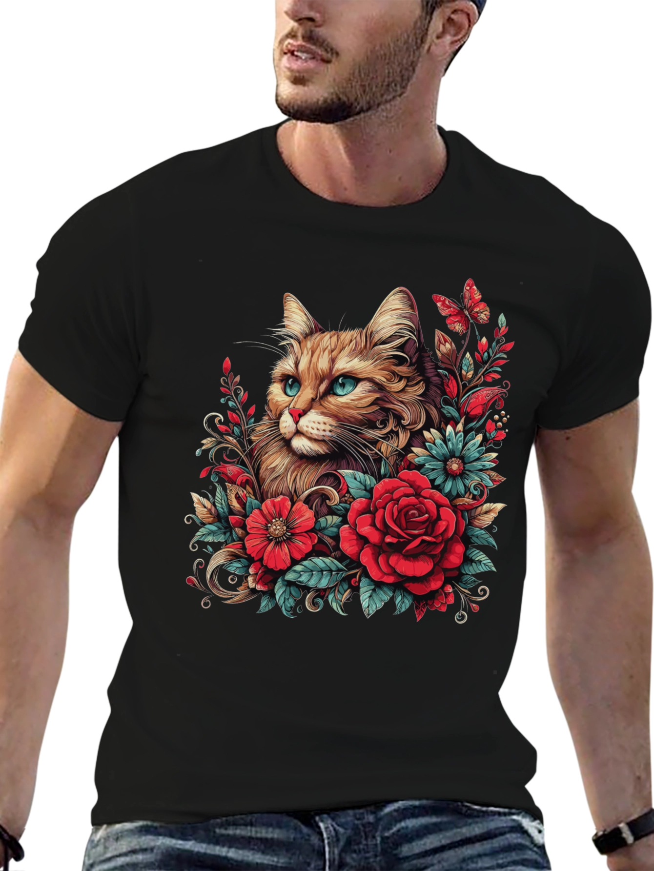 Black Cat & Floral Graphic Tee - Men's Black T-Shirt view 6