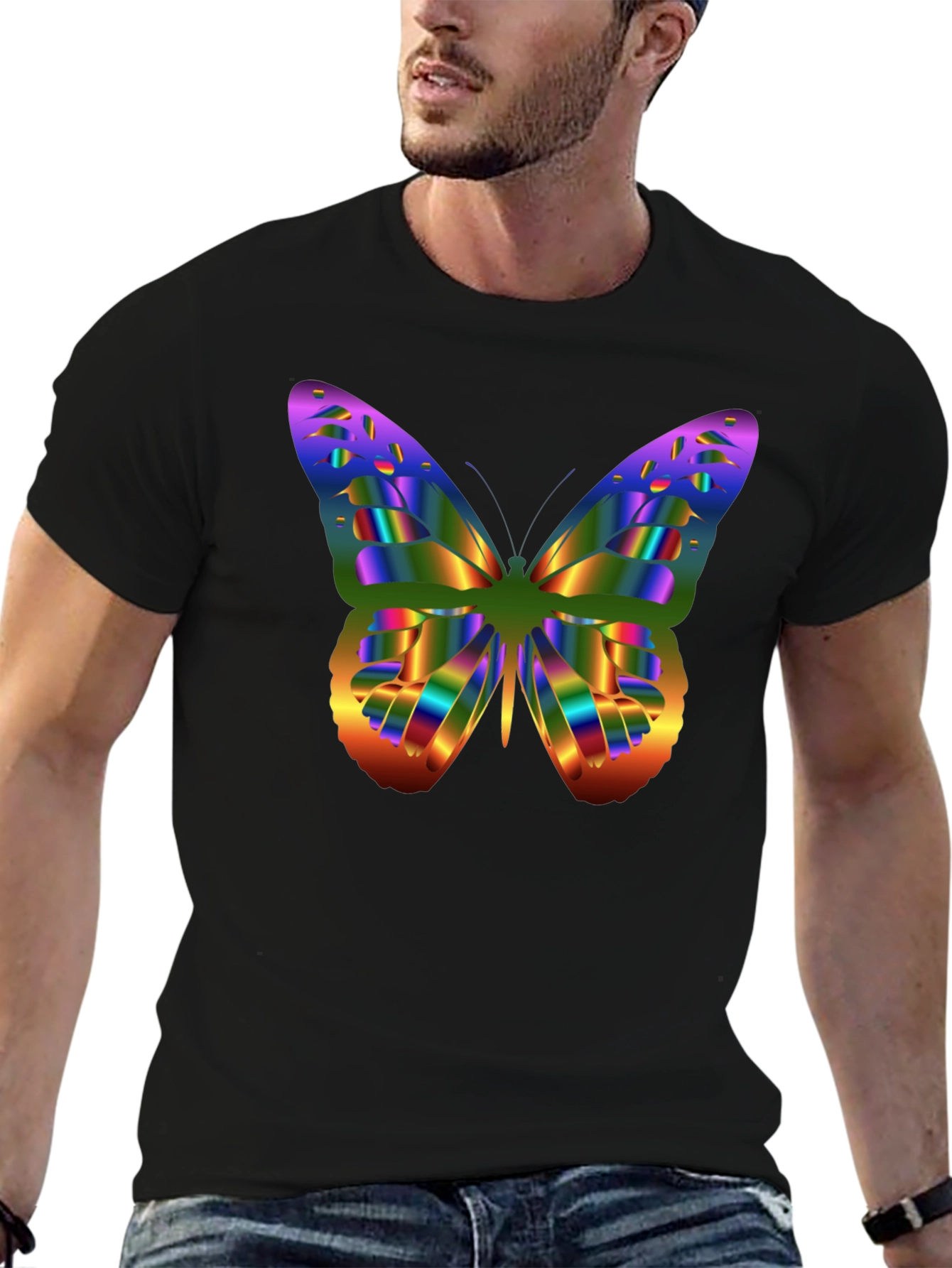 Black Colorful Butterfly Graphic Tee - Men's Black T-Shirt view 6