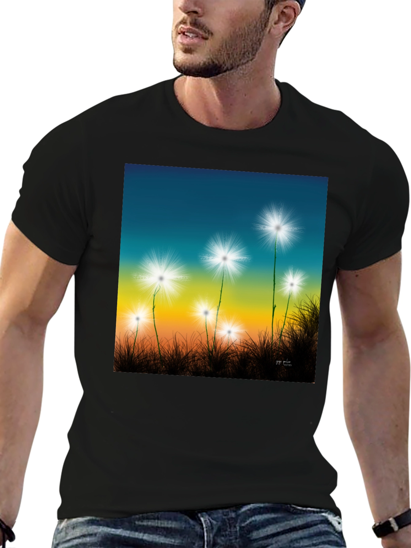 Black Dandelion Sky T-Shirt - Black Cotton Graphic Tee view 6