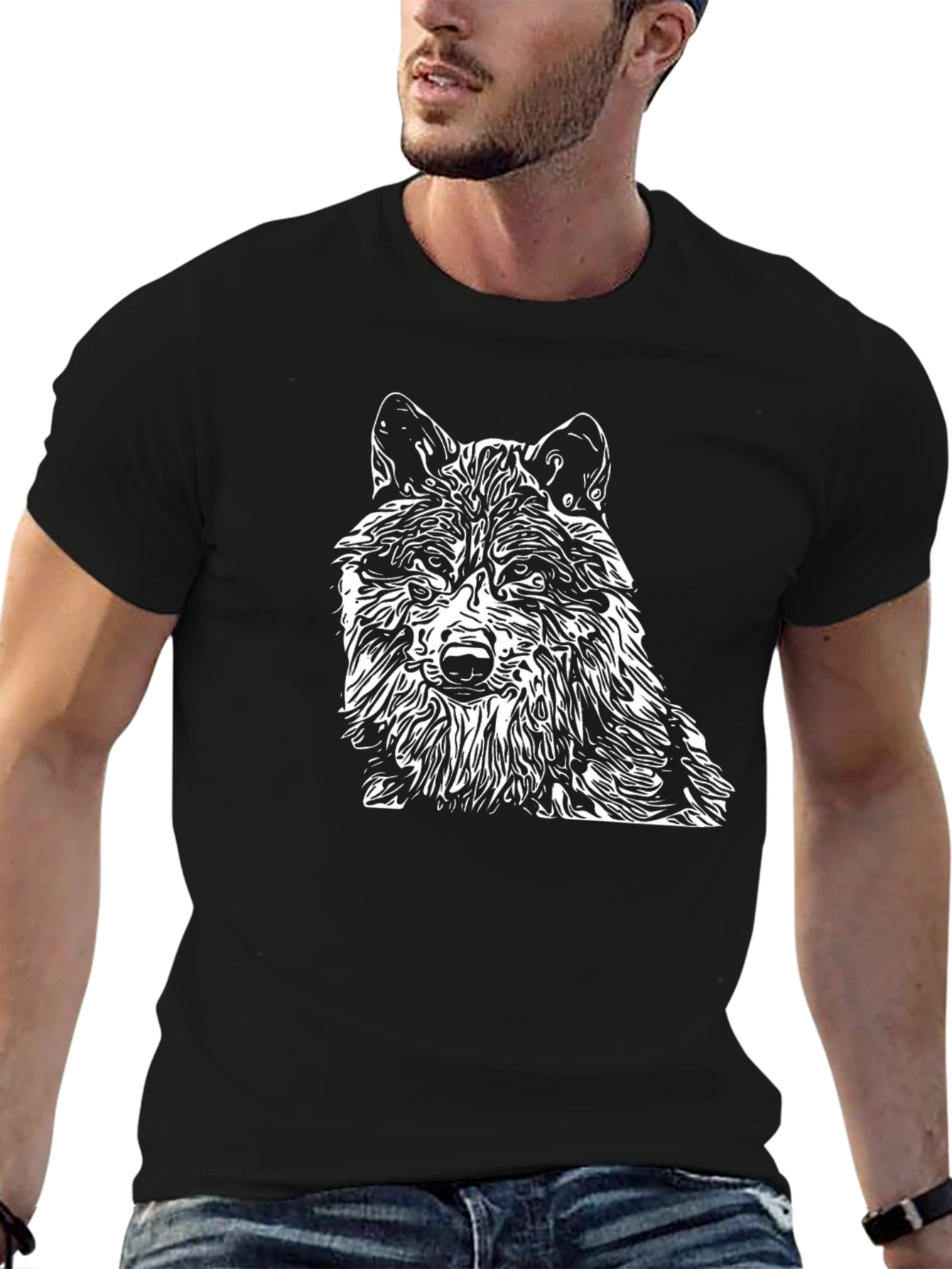 Black Wolf Graphic Print Crew Neck Men's T-Shirt view 6