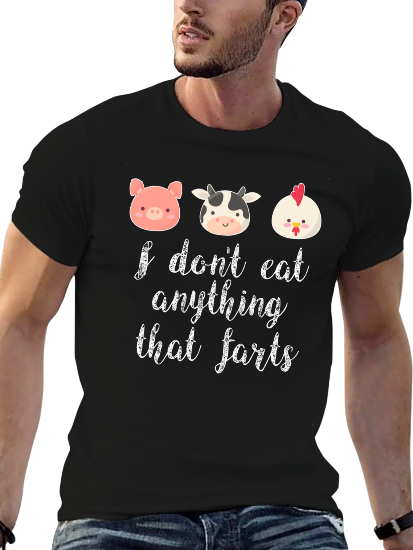 Black Funny Vegan T-Shirt: I Don't Eat Anything That Farts view 6